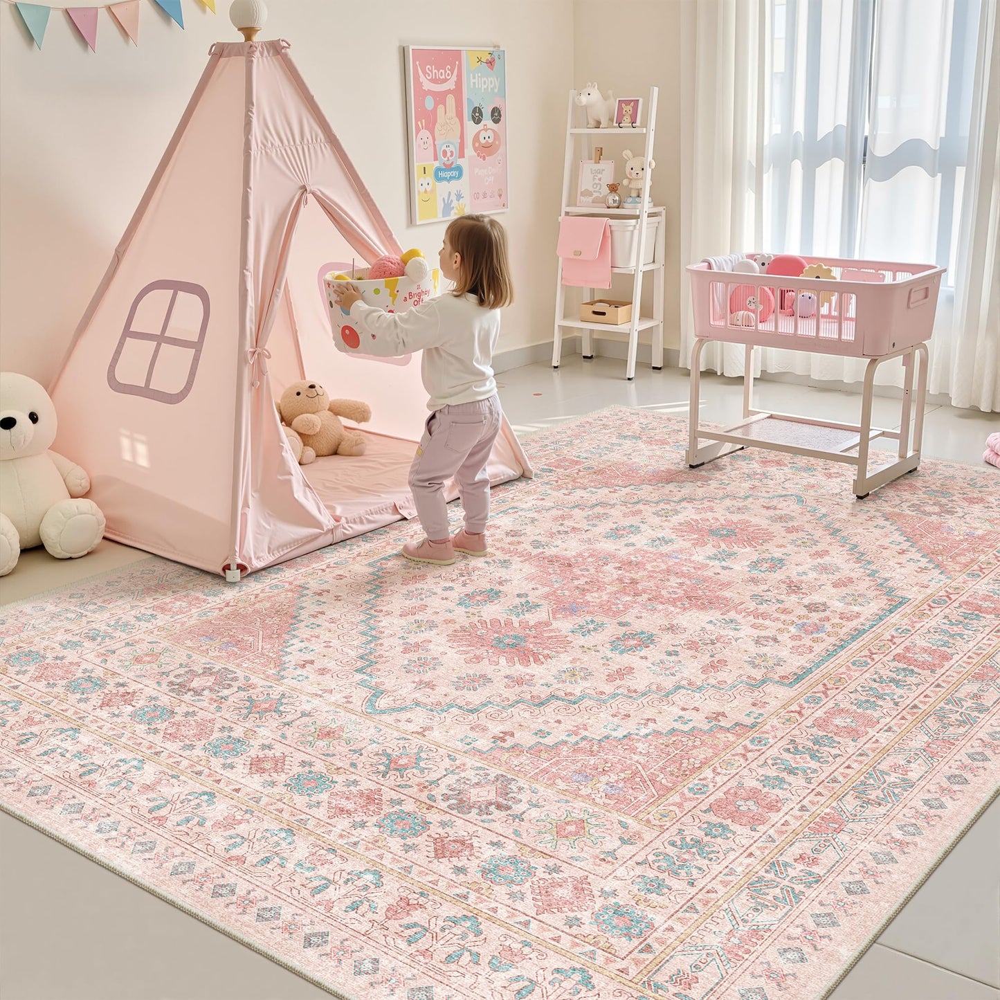 zesthome Pink Rug - 5x7 Area Rugs for Bedroom, Stain Resistant Washable Rugs for Nursery Room, Living Room, Home Decor, Girls Rug (Pink/Blue,5'x7')