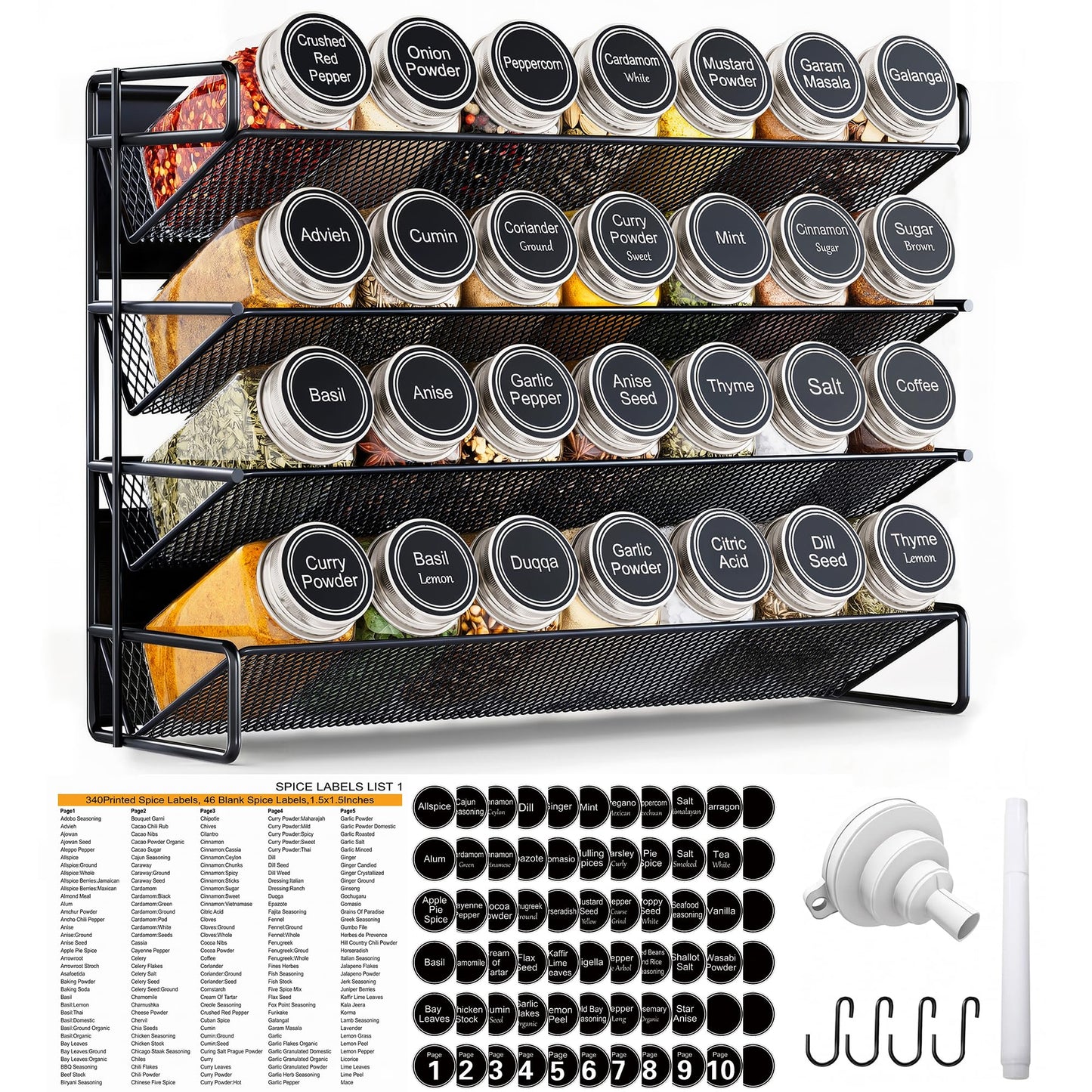 UVIAHOMI Magnetic Spice Rack Organizer for Refrigerator with 28 Spice Jars, 386 Spice Labels, 4 Hook, Chalk Marker and Funnel Set, Magnetic Shelf for Seasoning Organizer, 13.2'' W x 9.8 H, Black