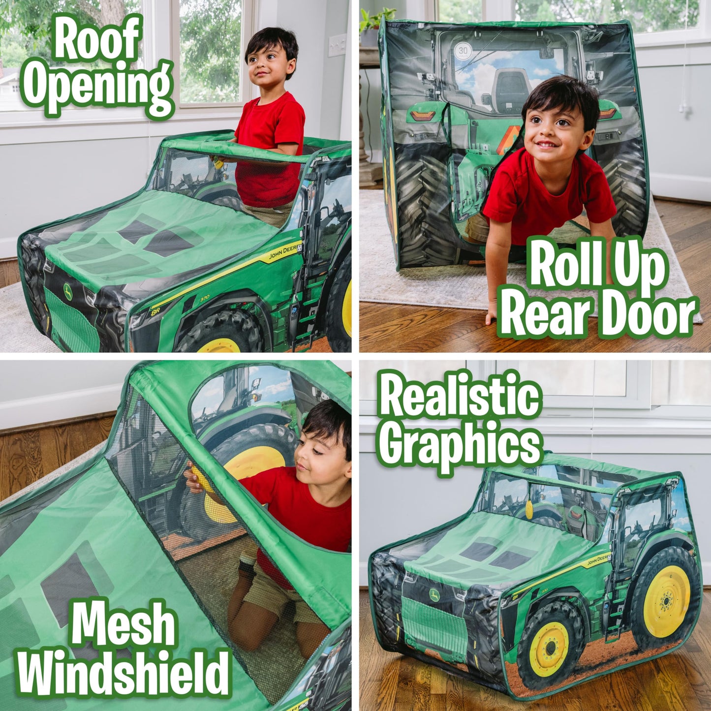 John Deere Pop Up Tent Tractor Playhouse for Kids, Removable Key Fob with Tractor and Farm Sounds, Vehicle Toys for Toddler