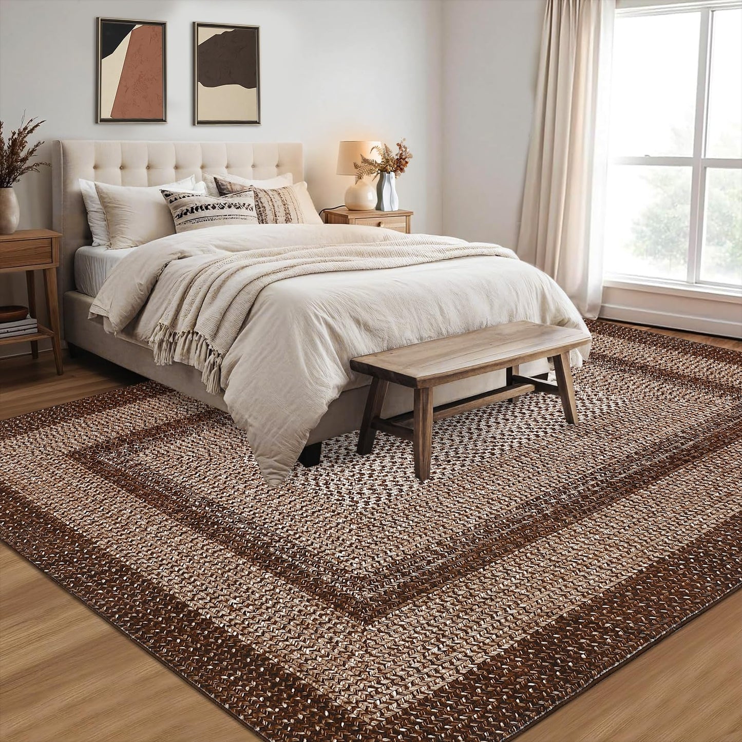 RUGSREAL Washable Rug 5x7 Boho Accent Bedroom Rugs Modern Geometric Floor Carpet Indoor Low Pile Non Slip Farmhouse Rustic Bohemian Carpet for Living Room Nursery Kitchen, Brown