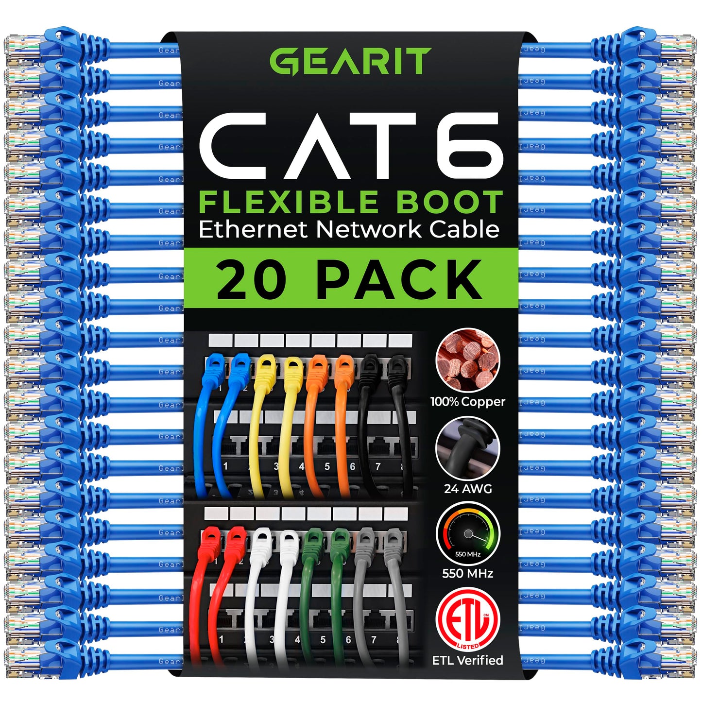 GEARit 20-Pack Cat6 Patch Cable 10 Feet Cat 6 Ethernet Cable Snagless Flexible Soft Tab - Premium Series - Blue