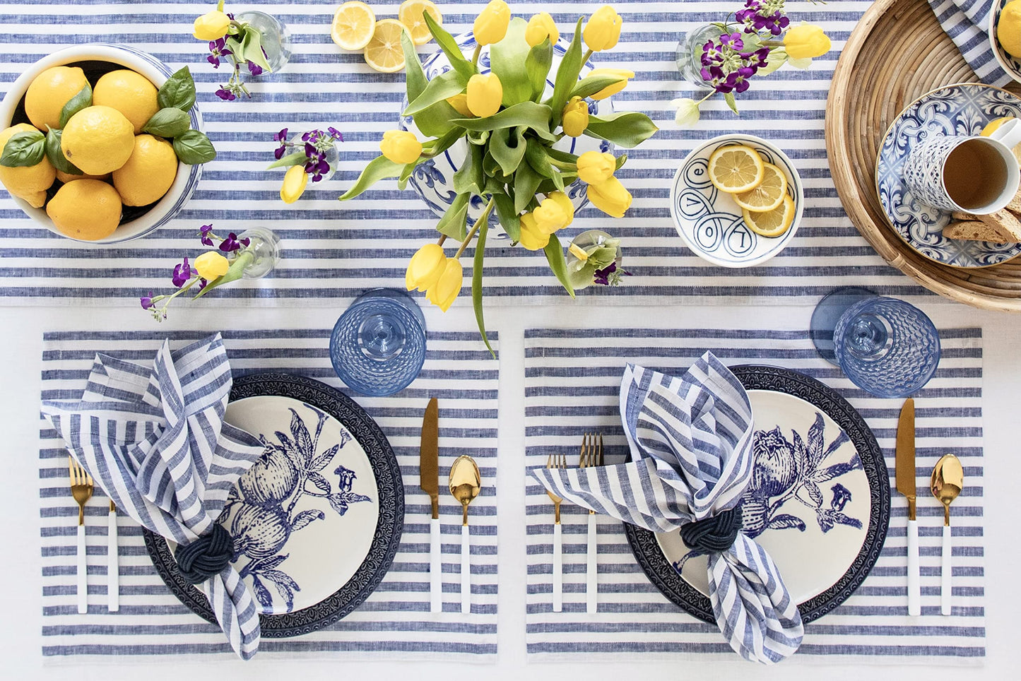 Solino Home Linen Napkins Set of 4-100% Pure Linen Amalfi Stripe Navy and White Cloth Dinner Napkins 20 x 20 Inch for Spring, Easter - Handcrafted and Machine Washable