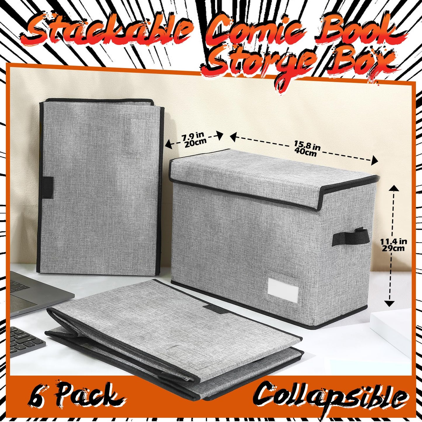 Chuangdi 6 Pcs Comic Book Storage Boxes, Back to School Collapsible Comic Short Box Case with Lid, 15.8 x 7.9 x 11.4 Inch Book Bin Container Holds 150 Comics(Gray)