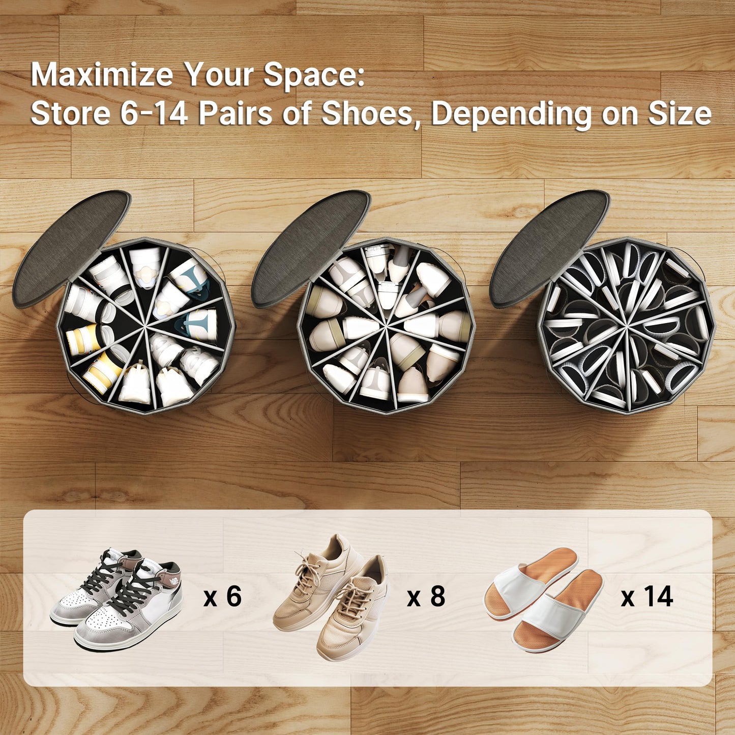 Vailando Shoe Organizer for Closet - Cylindrical Shoe Storage Organizer with Adjustable Dividers for Closet, Foldable Shoe Storage Box, Gray, 2-Pack, Large