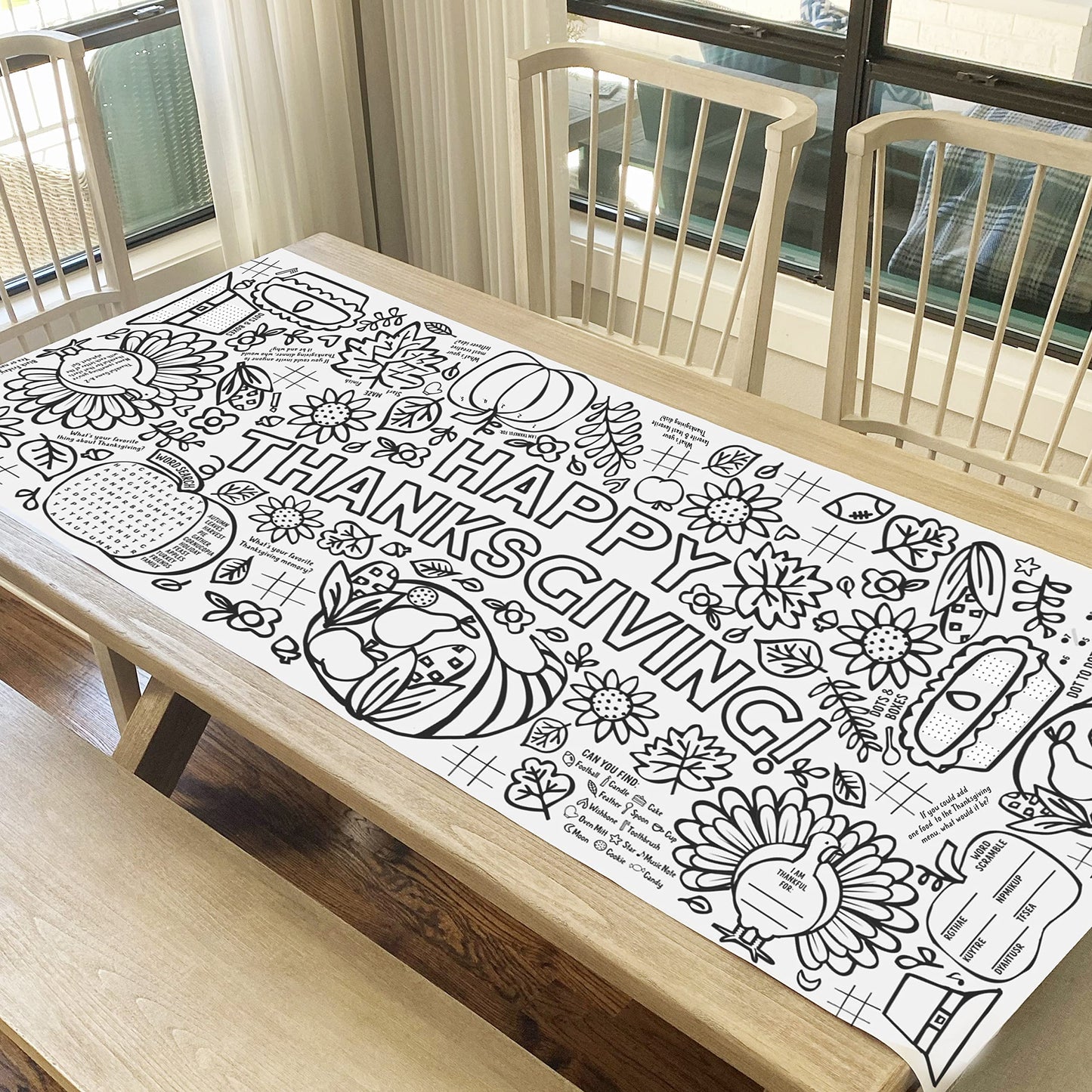 Tiny Expressions Happy Thanksgiving Coloring Banner for Kids - Rolled, No Creases 30" x 72" Giant Coloring Table Cloth - Thanksgiving Crafts for Kids
