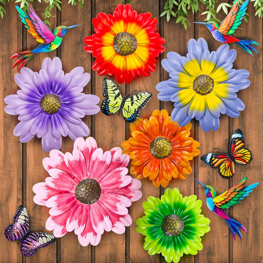 Colingmill 12 Pack Metal Flowers Butterfly Hummingbird Wall Art Decor 3D Metal Outdoor Wall Hanging Sculptures Decoration for Outdoor Garden Fence Yard Patio Indoor Living Room Balcony (Pink)