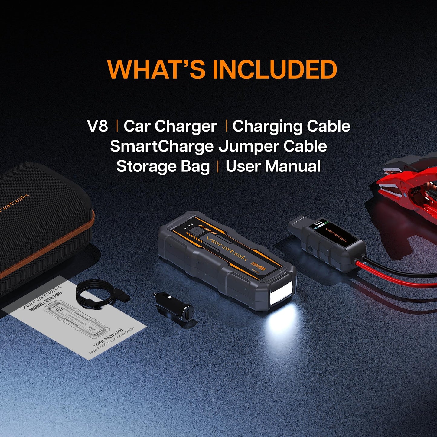ReelCharge V8 Pro 3000A Car Battery Jump Starter Portable (8.0L Gas & 6.0L Diesel) – 12V Lithium Battery Booster Pack with SmartCharge Safety, Jumper Cables, 20000mAh Power Bank, Jump Box, LED Light