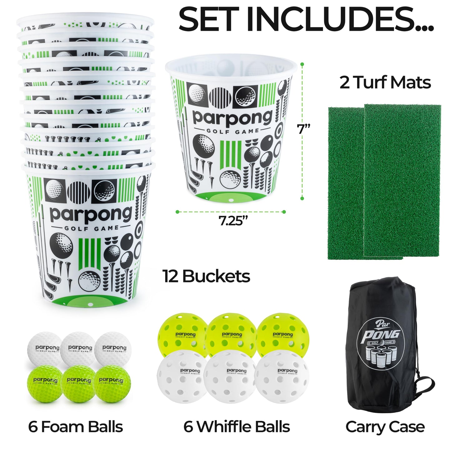 VULCANO SPORTS Par Pong Backyard Golf Chipping Game – Outdoor Golf Game with 12 Buckets, 2 Hitting Mats & Golf Balls – for Adults, Tailgating, BBQ, Parties & Gifts for Golfers.