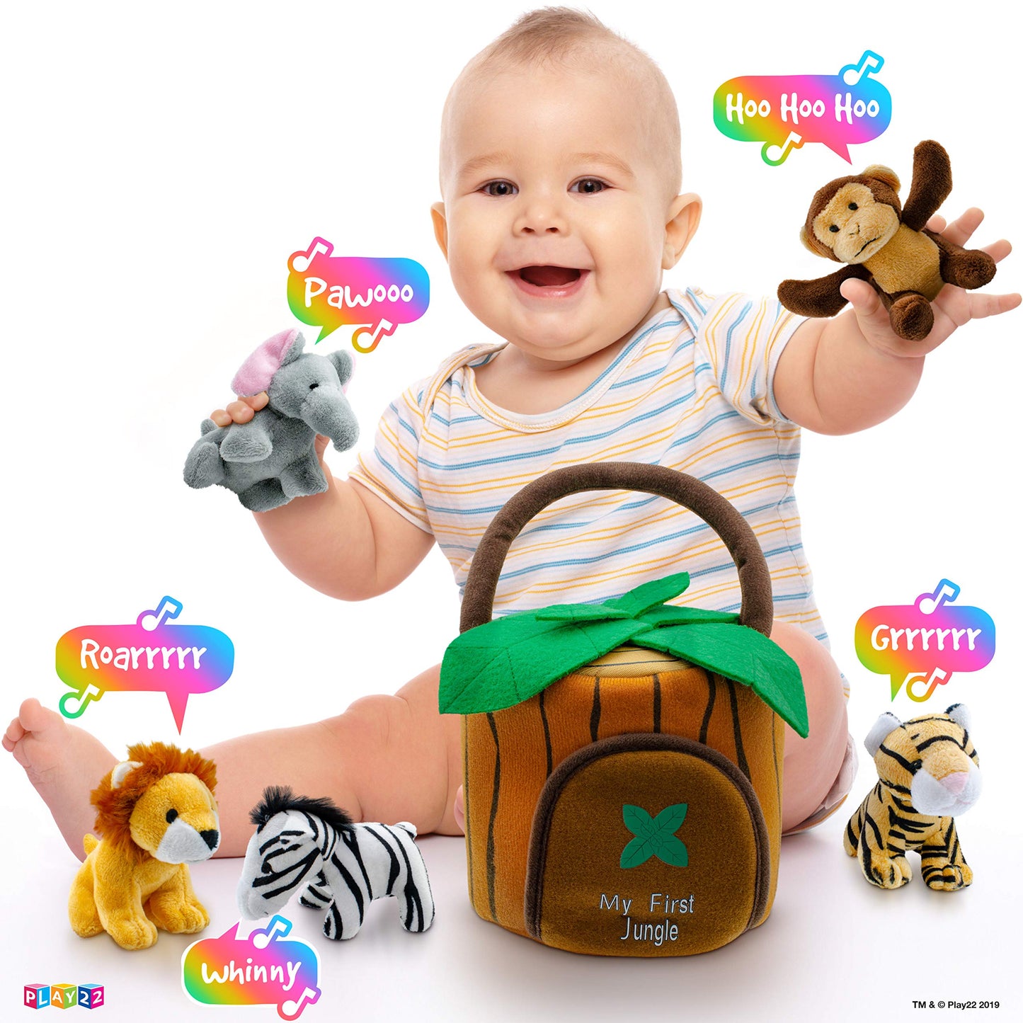 Play22 Plush Talking Stuffed Animals Jungle Set - Plush Toys Set with Carrier for Kids Babies & Toddlers - 6 Piece Set Baby Stuffed Animals Includes Stuffed Bear, Elephant, Tiger, Lion, Zebra, Monkey