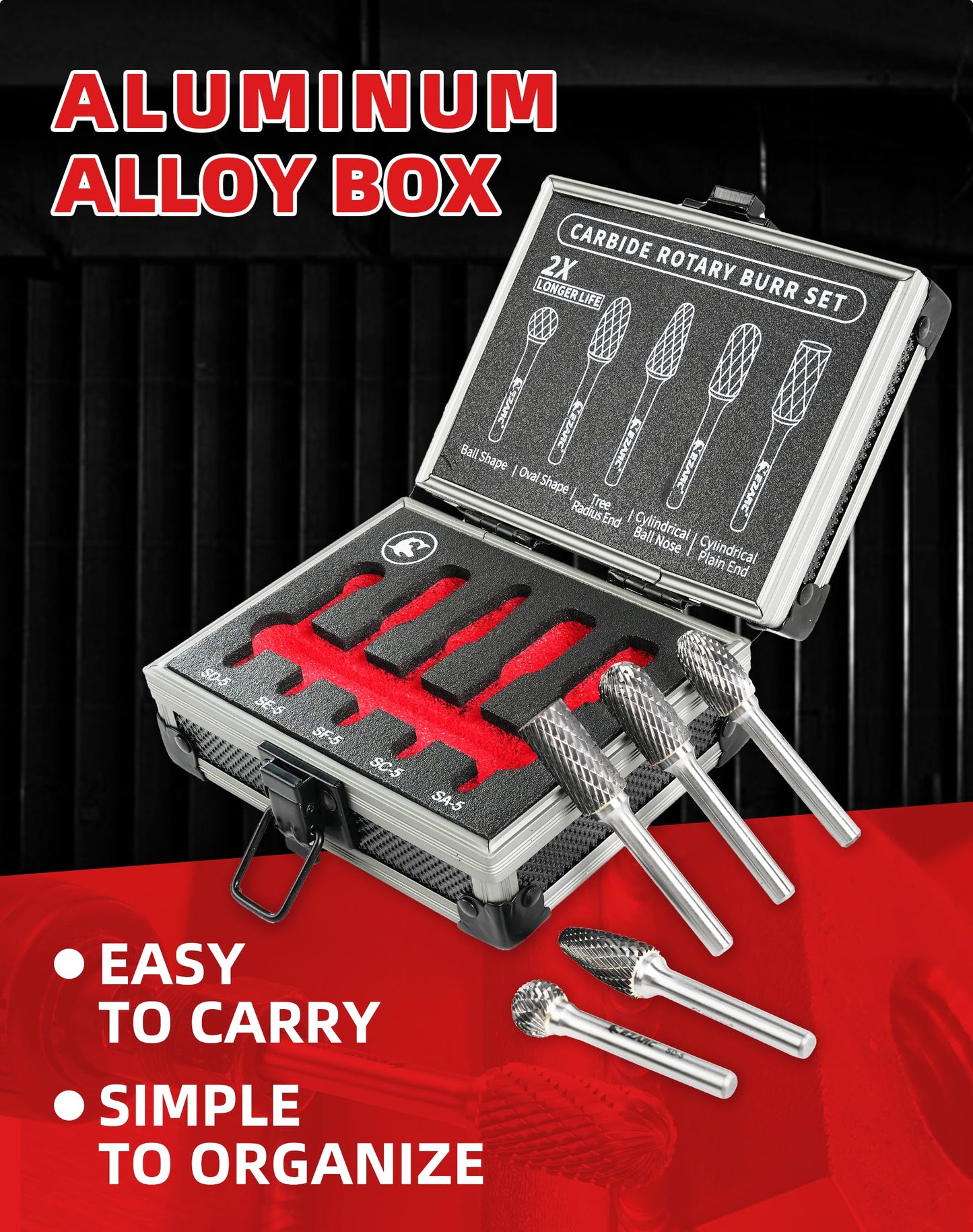 EZARC Tungsten Carbide Burr Set 1/4" Shank, 5PC Double Cut Rotary Tool Bits Cutting Burrs, Die Grinder Bits for Metal Working Grinding, Deburring, Carving, Polishing in Aluminum Storage Box