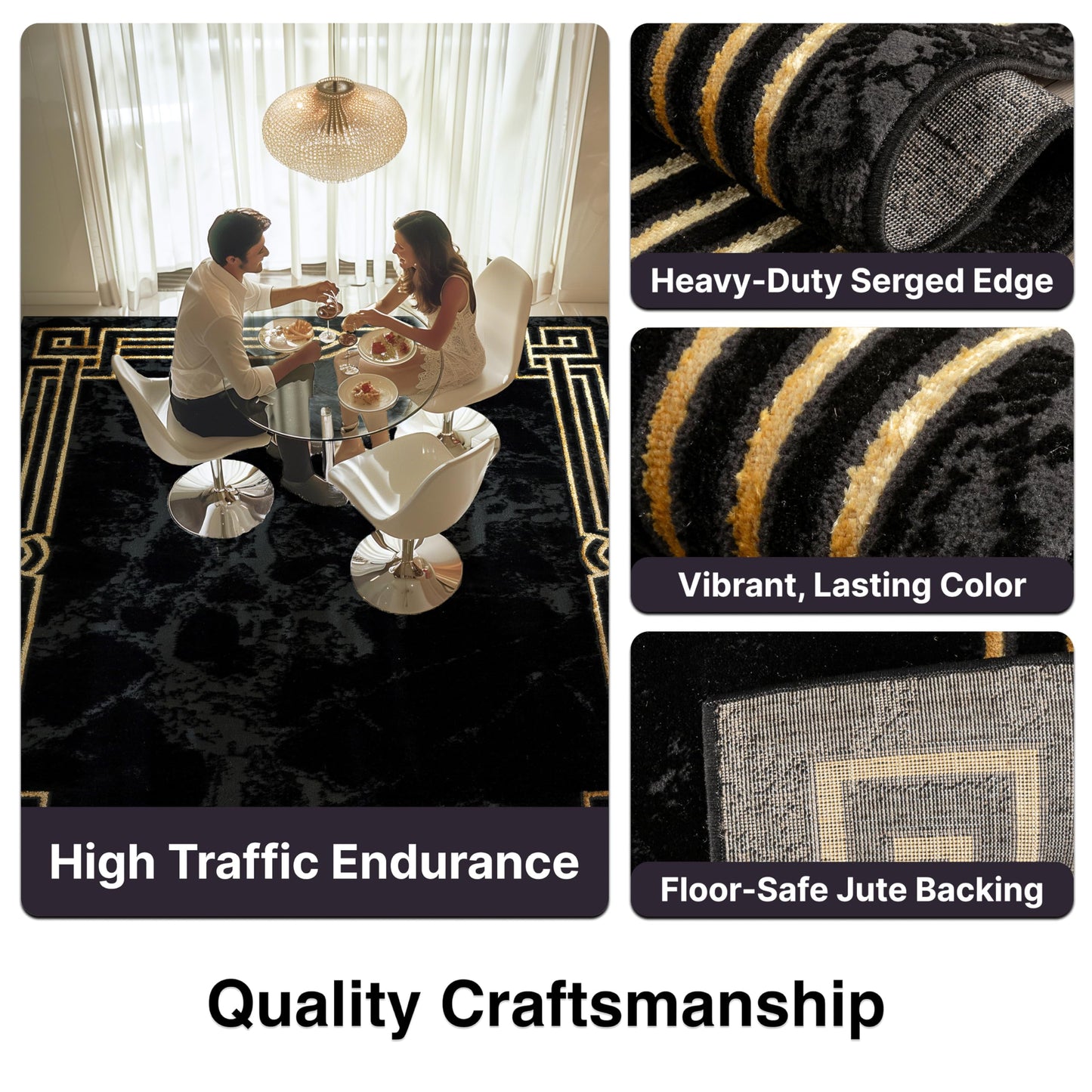 Well Woven Lezlee Abstract Modern 2' x 3' Area Rug Black Gold Marble Border - for Entryway, Office, Accent