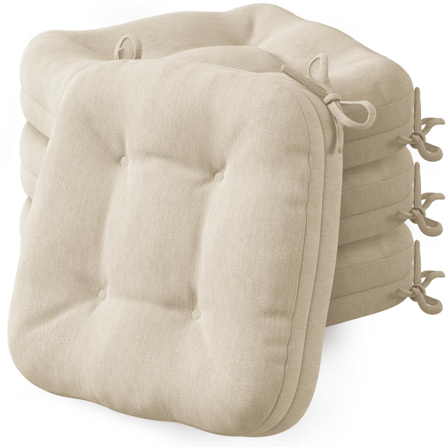 Codi Dining Chair Cushions 4 Pack, Thick Chairs Pads for Indoor Kitchen Room - Washable, Non-Slip Seat Cushion with Ties, 16.5"x16.5"x 3.5", Set of 4, Beige