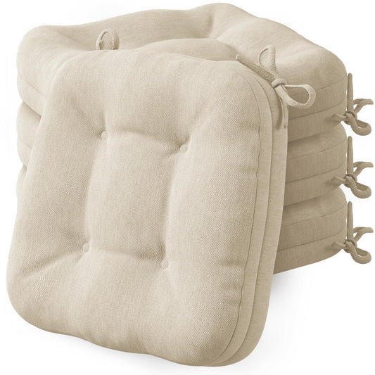 Codi Dining Chair Cushions 4 Pack, Thick Chairs Pads for Indoor Kitchen Room - Washable, Non-Slip Seat Cushion with Ties, 16.5"x16.5"x 3.5", Set of 4, Beige