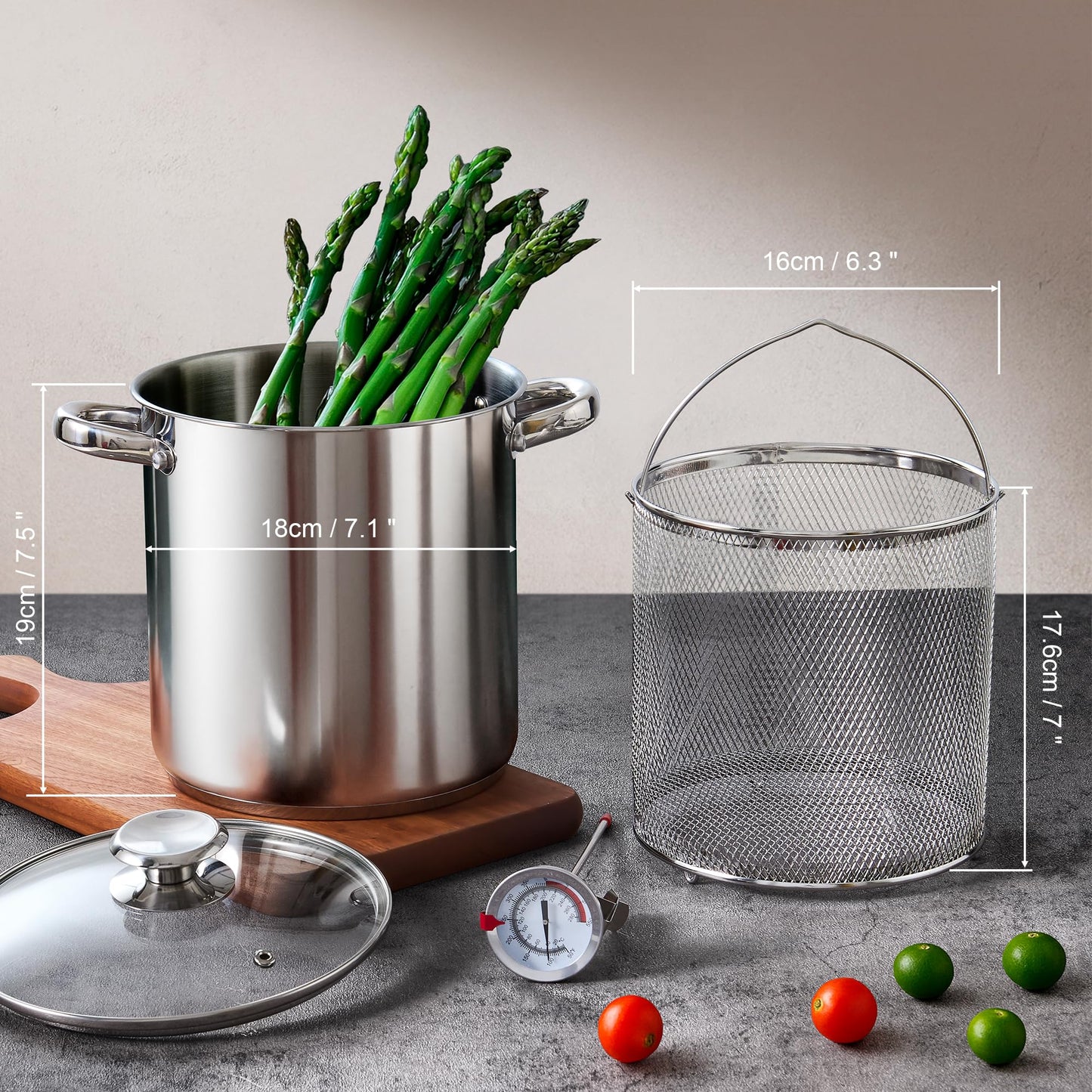 Cook N Home Basics 5-Quart Deep Fryer Pot with Basket, Japanese Tempura Stainless Steel Frying Pot with Temperature Control and Oil Drip Rack, Glass Lid, Suitable for Kitchen French Fries, Chicken