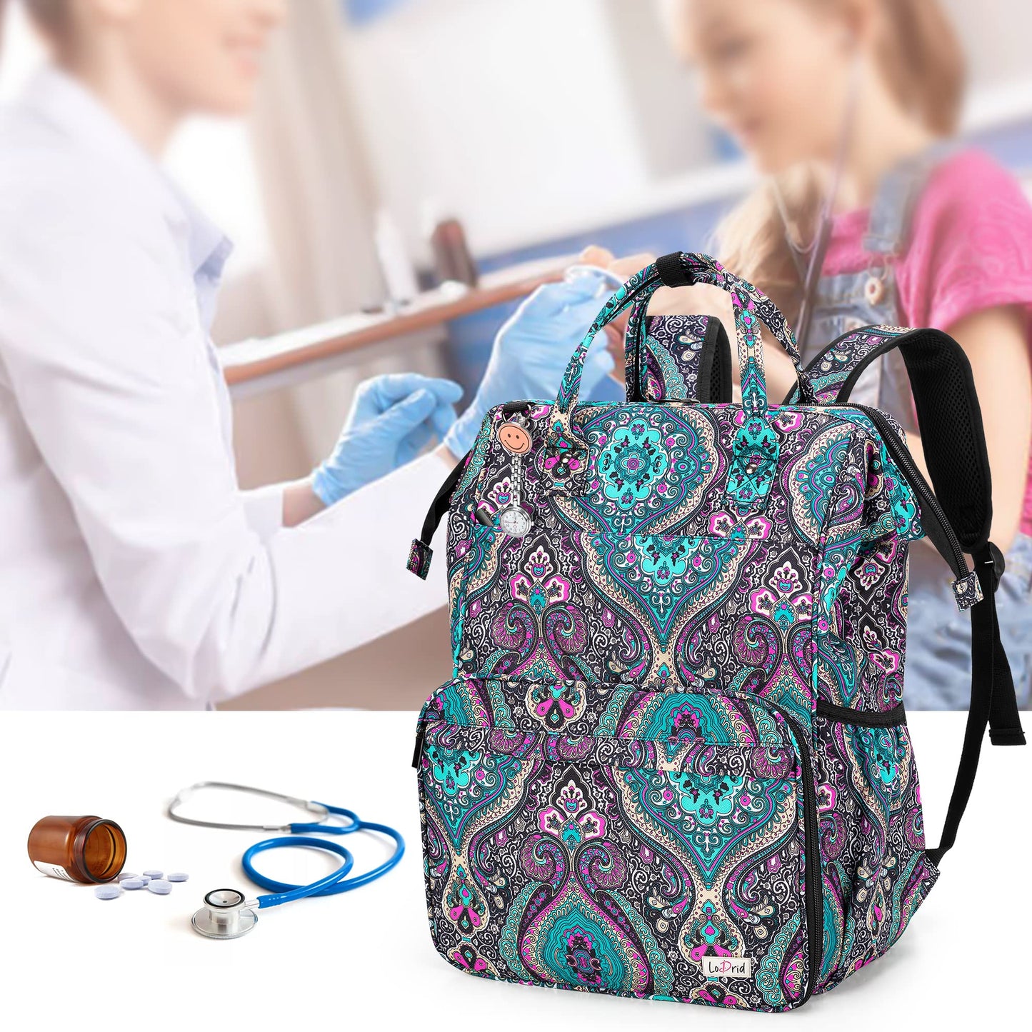 LoDrid Nurse Bag, Heavy Duty Nurse Work Backpack for Men & Women, Nurse Storage Backpack for Work with Steel Frame Top, 15.6" Laptop Layer, Zip-Top Closure & Inner Padded, Totem, Bag Only