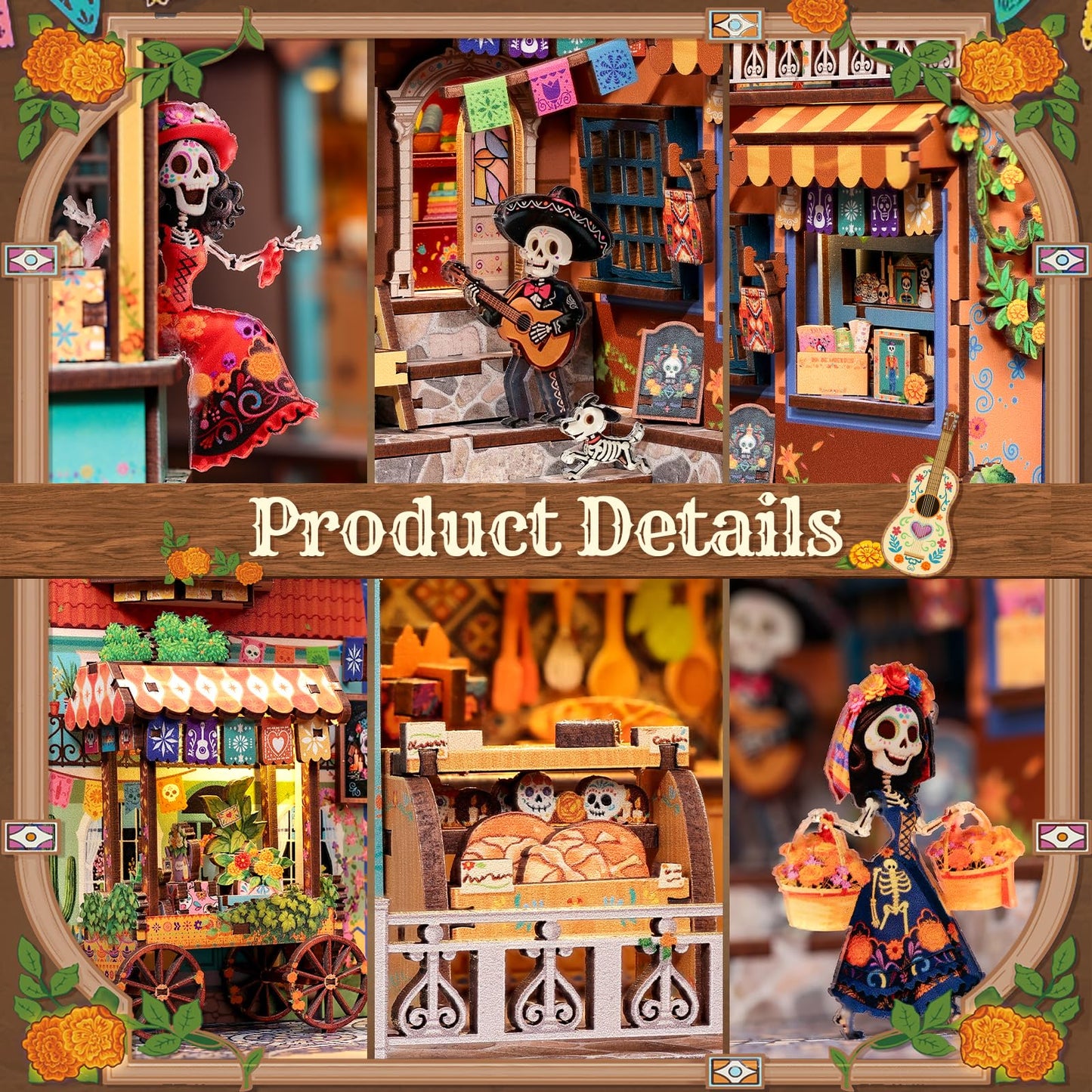CUTEBEE Book Nook Kit - DIY Miniature House for Adults, 3D Wooden Puzzle Bookshelf Insert Decor, Day of the Dead Booknook, Mexican Folklore LED Miniature Kit, Unique Gifts (Plaza de los Muertos)