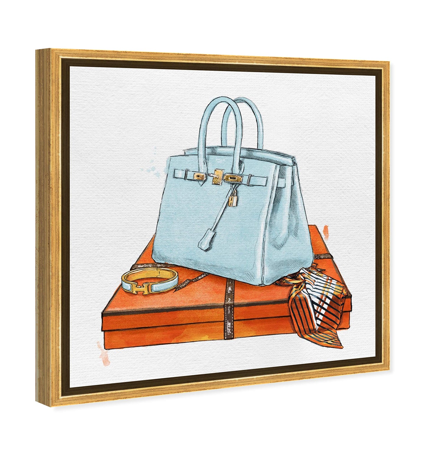 The Oliver Gal Artist Co. Fashion and Glam Framed Wall Art Canvas Prints 'My Bag Collection I' Handbags Home Décor, 12 in x 12 in, Gold Floater