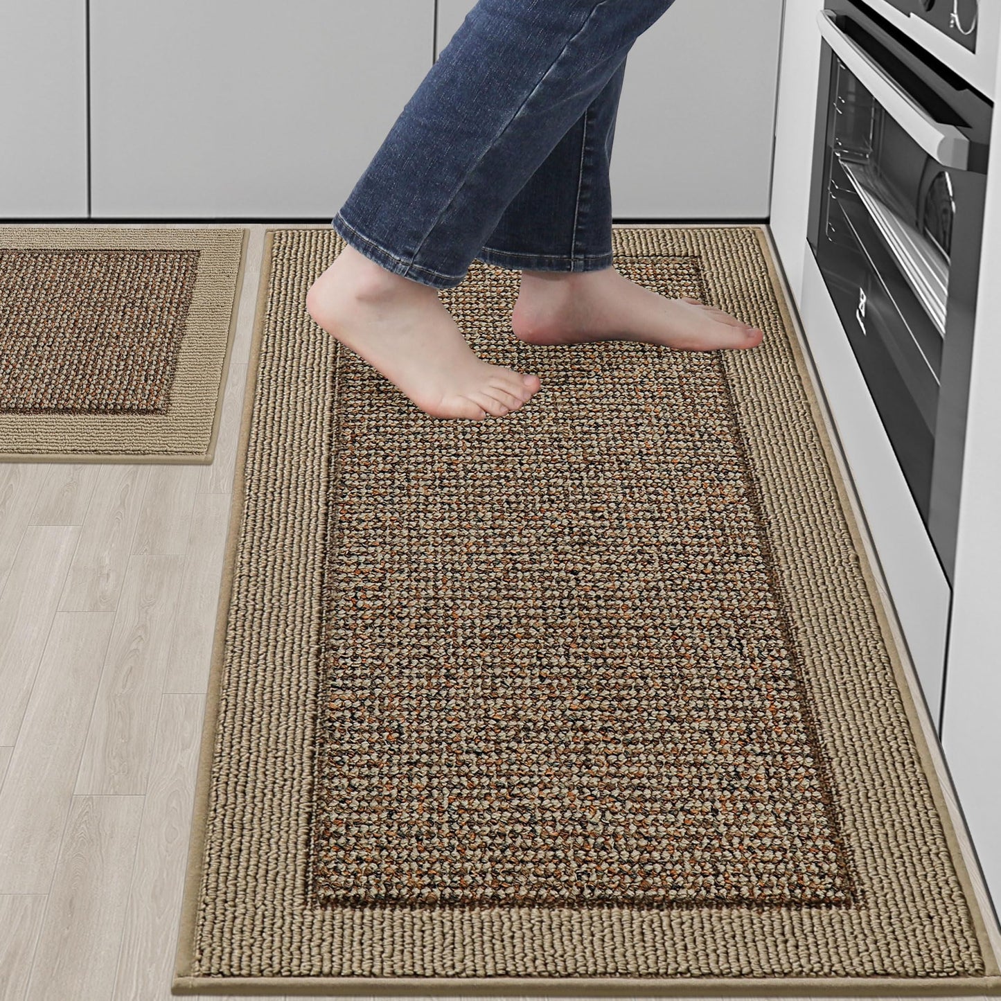 BEQHAUSE Kitchen Rugs and Mats Set of 2 Non-Slip Kitchen Mats for Floor, Absorbent and Stain Resistant Kitchen Runner, Machine Washable Rugs for Kitchen, Laundry & Sink, 20"x32"+20"x48", Taupe