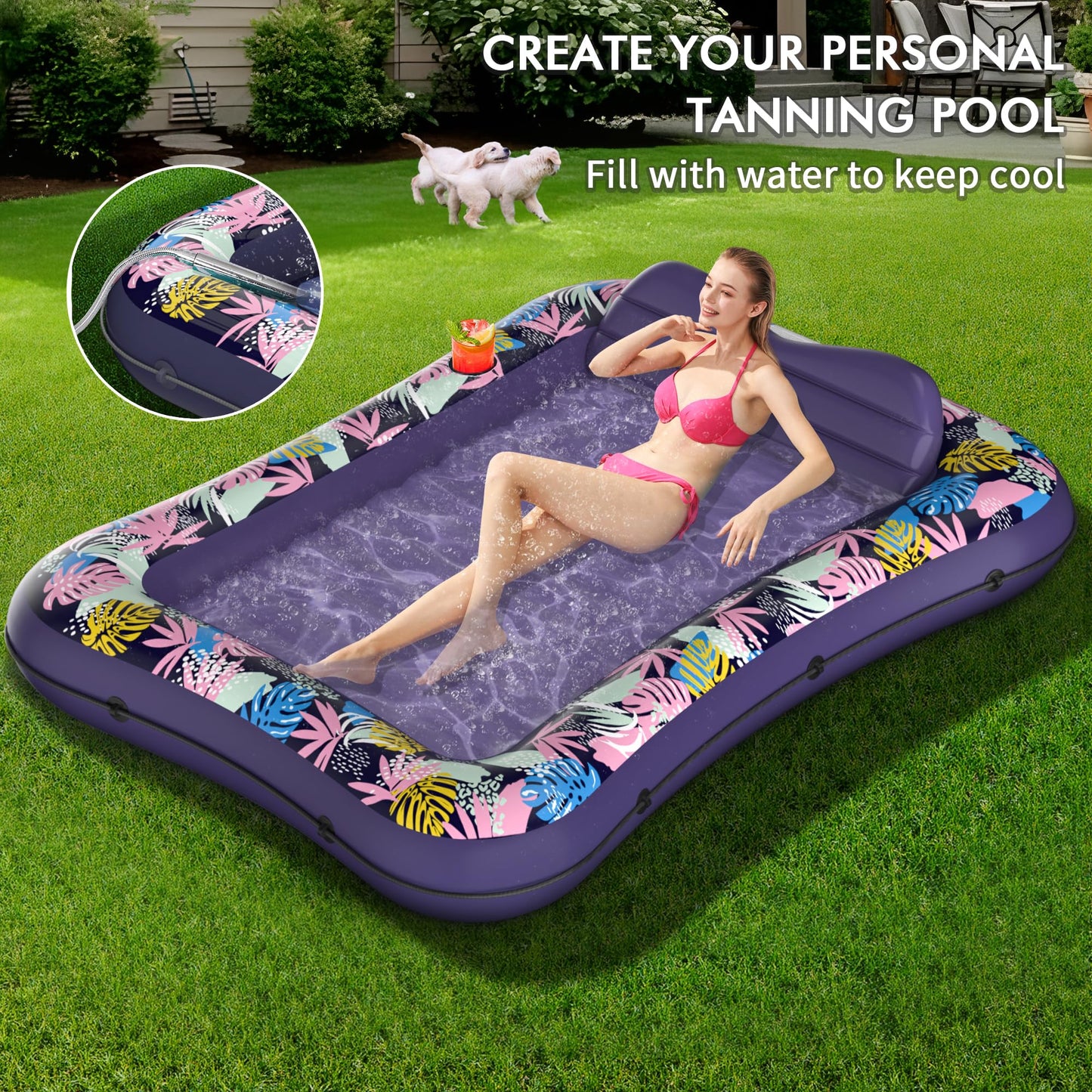 Tanning Pool Floaties for Adults, OKSUWATER Inflatable Tanning Pool Lounge Float with Removable Headrest & Drink Holder, Blow-Up Bed Sun Tan Tub for River & Lake Suntan Swimming Mattress（Purple-L）
