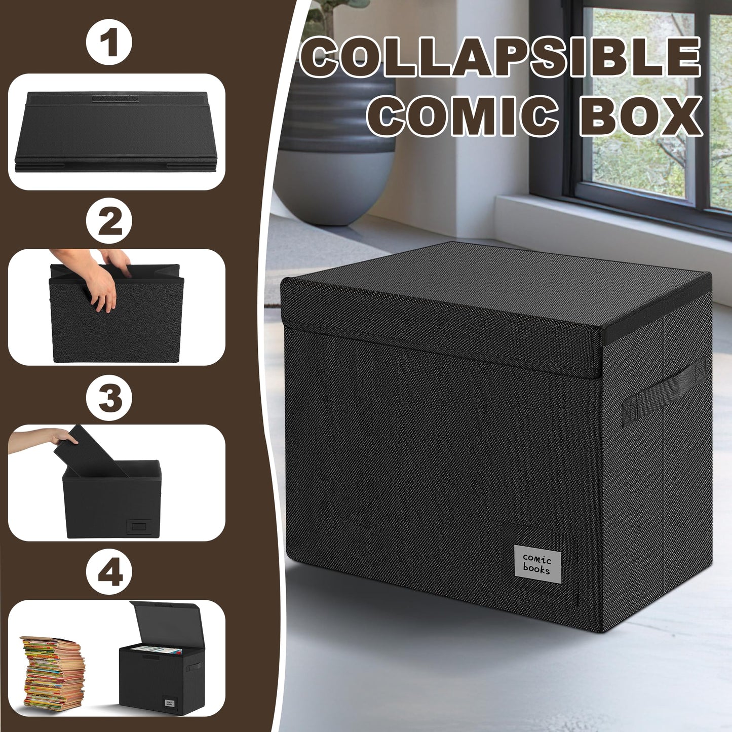 Leffis Comic Book Storage, Collapsible and Stackable Comic Short Box, Moistureproof Comic Box with Lid and Label Slot 15.5" X 7.5" X 11.3" Holds 150 Comics (5)