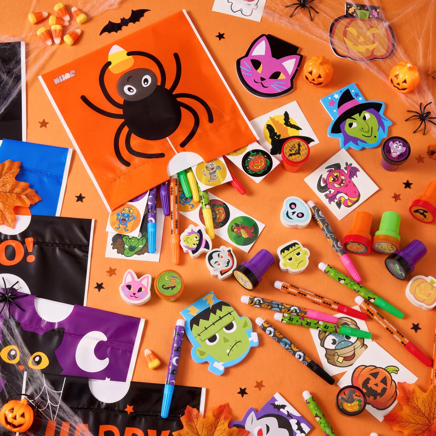 168 Pcs 24 Pack Assorted Halloween Art and Craft Stationery Kids Gift Set Trick or Treat Party Favor Toy Including Halloween Bag, Notepads, Stamps, Pencils, Stickers and Temporary Tattoos