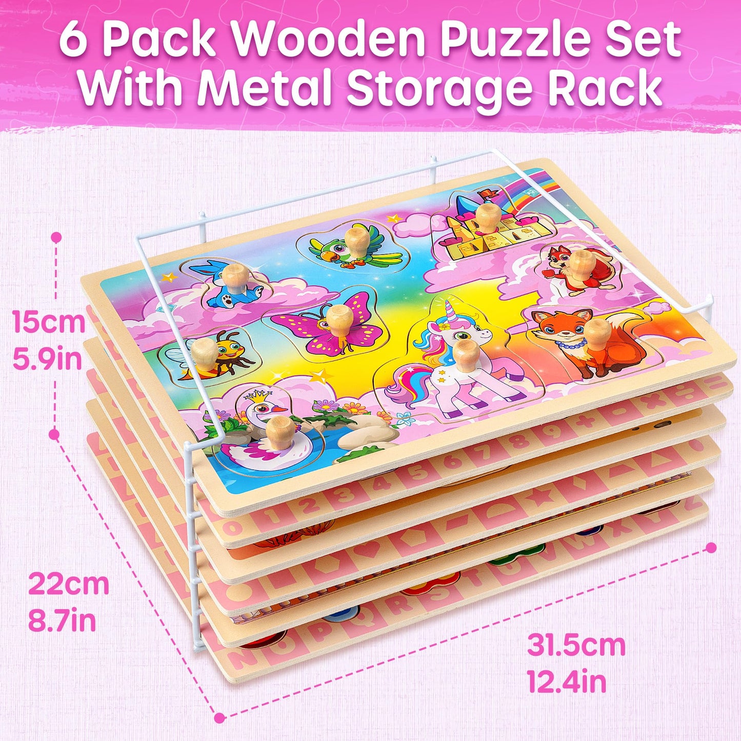 SYNARRY Wooden Puzzles for Toddlers 1-3, 6XSET Toddlers Puzzles Ages 1-3 with Rack, Learning Alphabet Number Shape Unicorn Princess Mermaid Animal, Christmas Toys Gifts for 1 2 3 Years Old Girl Gifts