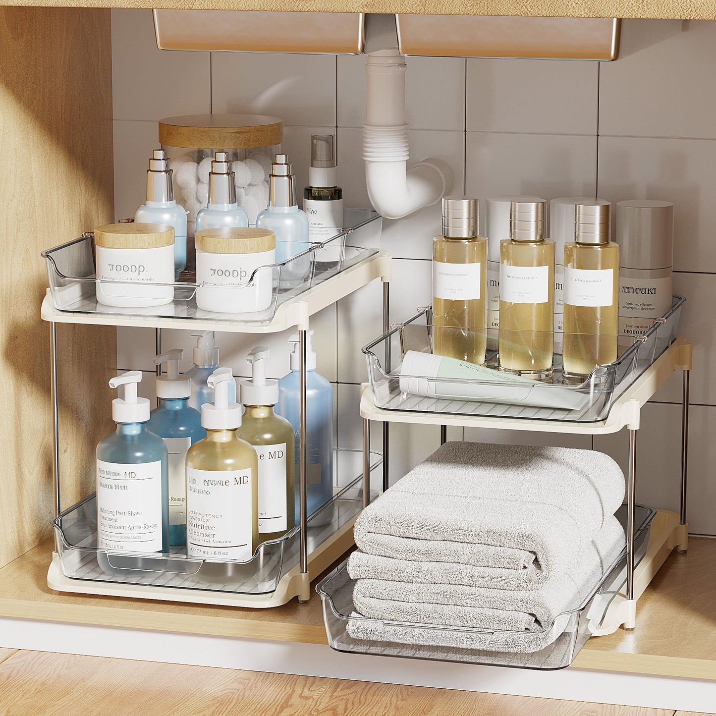 Delamu 2-Tier Multi-Purpose Bathroom Under Sink Organizers and Storage, Stackable Kitchen Pantry Organization, Pull Out Medicine Cabinet Organizer with Movable Dividers, Beige, 4 Pack
