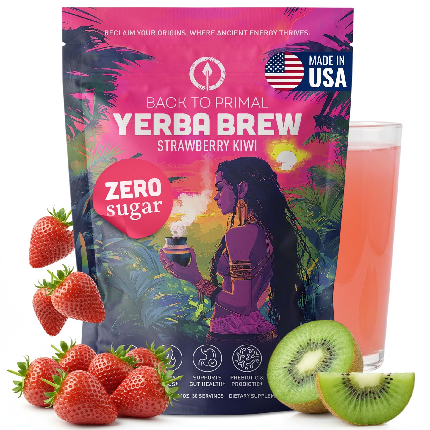 Yerba Mate Instant Tea Powder - Zero Sugar Drink with Nootropics, Prebiotics & Probiotics for Clean Energy & Focus - Coffee Alternative for Mental Clarity & Gut Health Support - Strawberry Kiwi, 30 Servings