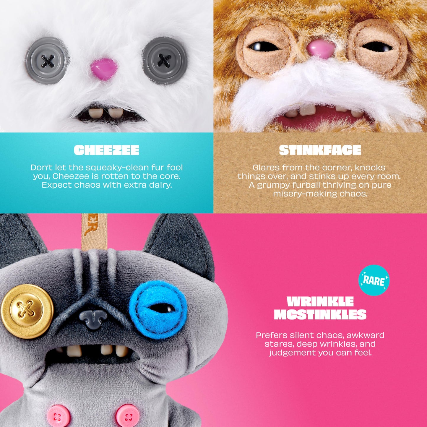 Fuggler Alley Cat Keyring 5 Inch Plush Collectible (6 Pack) by ZURU Funny Ugly Monster Featuring Mischievous Alley Cat Design, Signature Teeth, and Clip-On Keychain for Keys and Backpacks