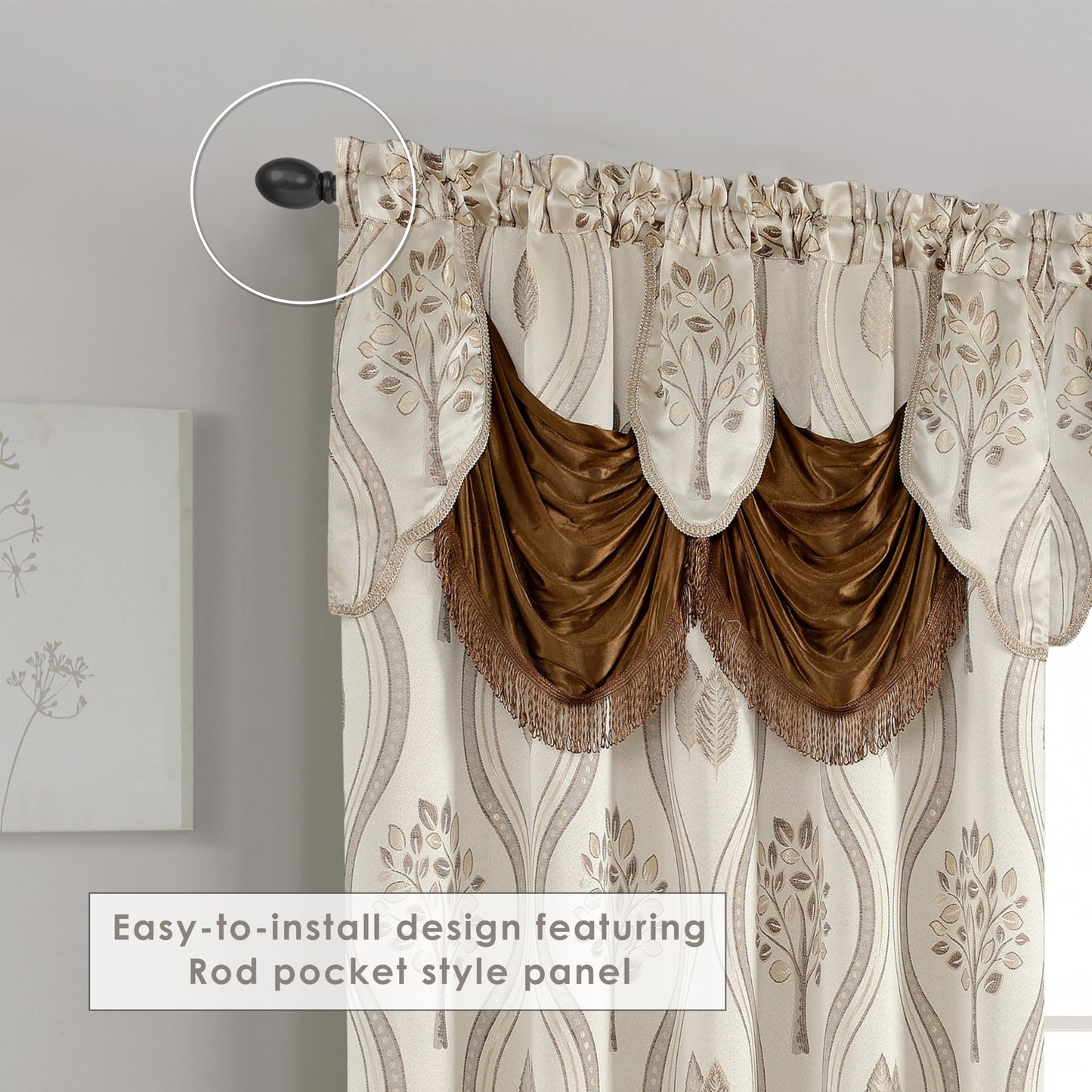 Elegant Comfort Luxurious Aurora Jacquard Look Curtain Panel Set with Attached Valance 54" X 95 inch (Set of 2), Beige