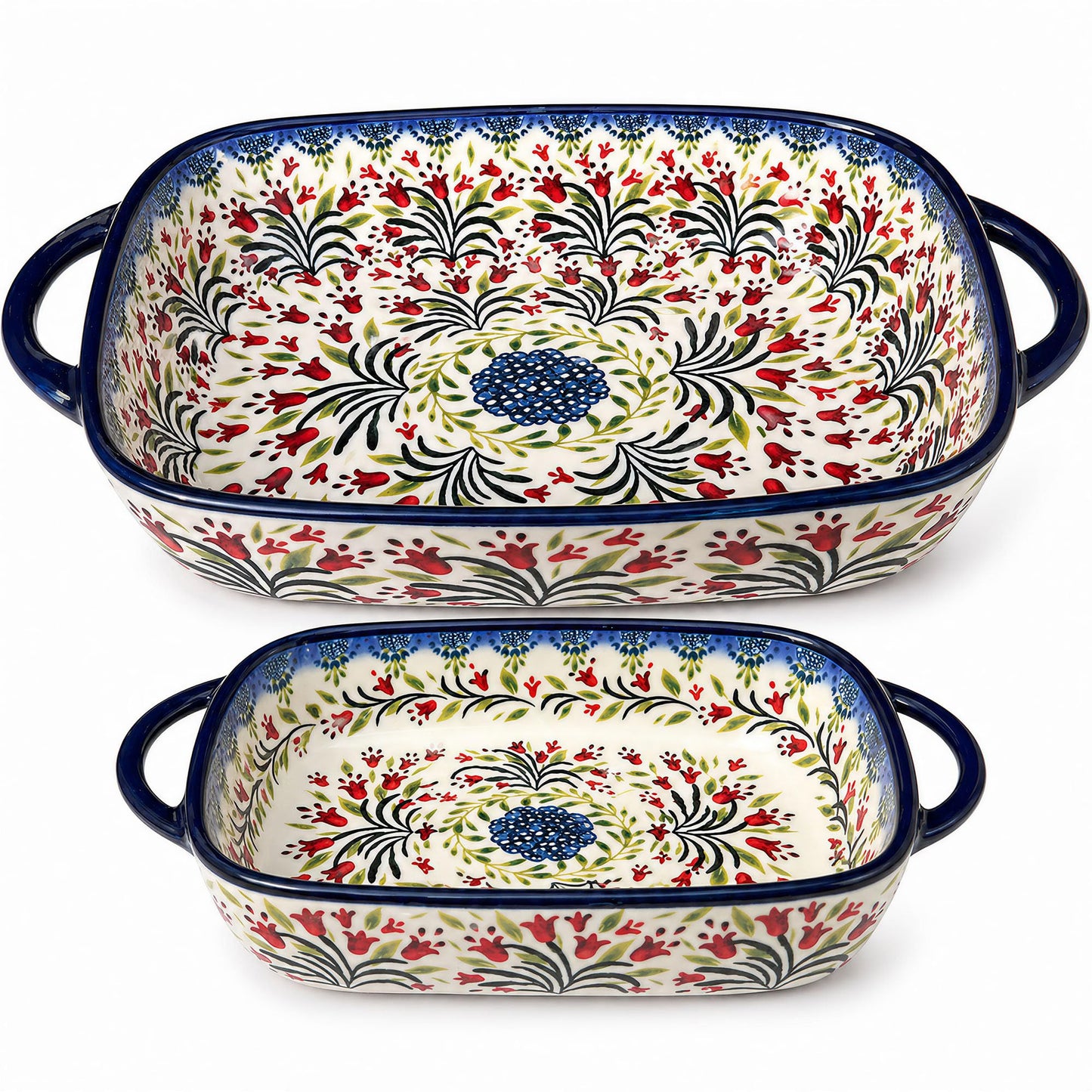 Polish Pottery Style Ceramic Baking Dish Set, 2-Piece Large & Small Casserole Bakers for 2–3 People, Floral Oven-to-Table Bakeware, Microwave & Dishwasher Safe, Gift-Ready with Protective Packaging