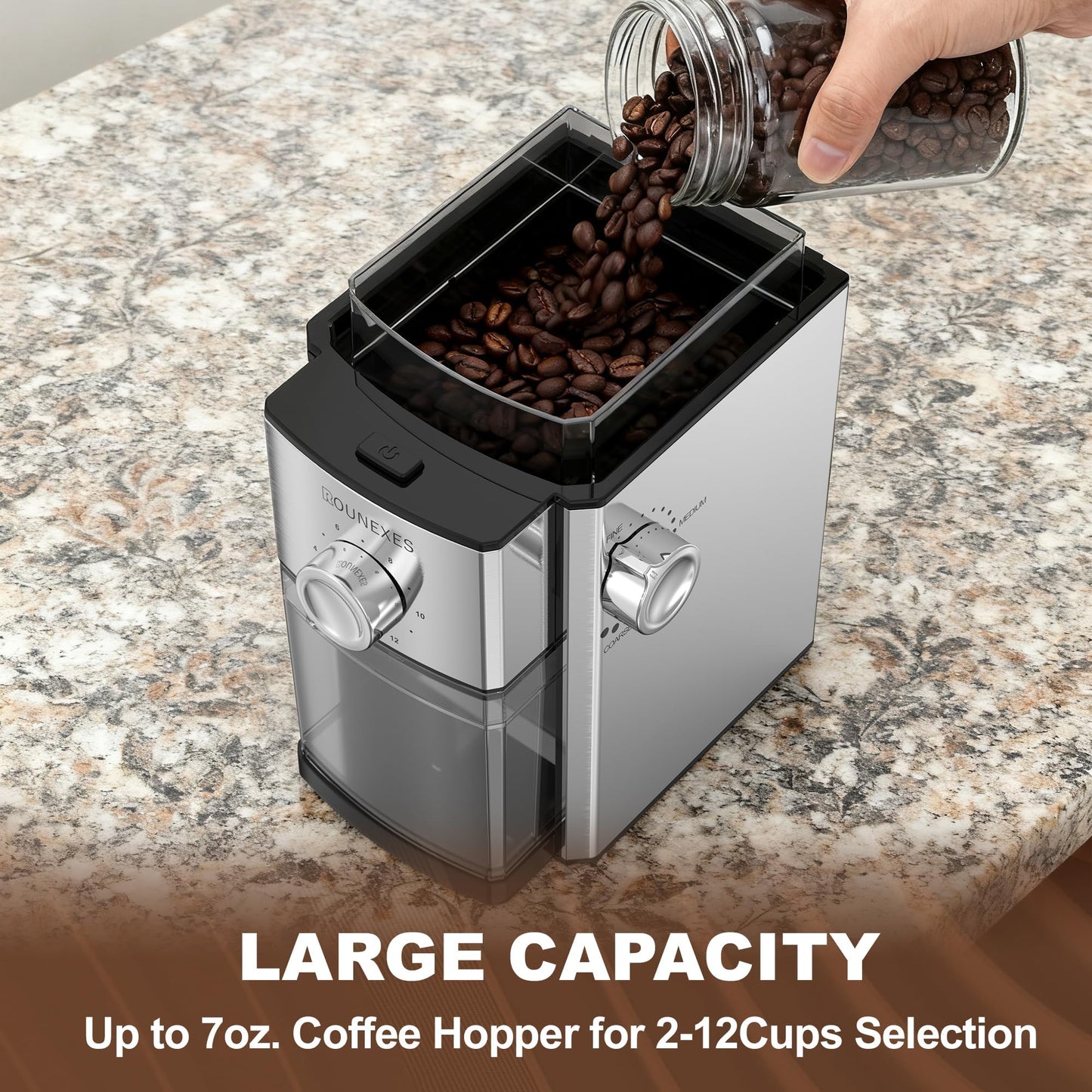 ROUNEXES Flat Burr Coffee Grinder Electric,Adjustable Coffee Grinder for Home Use, Burr Mill Grinder with 17 Levels, Large Capacity Bean Hopper & Removable Container