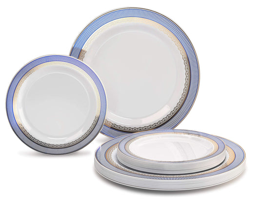 " OCCASIONS " 50 Plates Pack (25 Guests)-Heavyweight Wedding Party Disposable Plastic Plate Set -25 x 10.5'' Dinner + 25 x 7.5'' Salad/dessert plates (Louvre in White w/Blue & Gold)