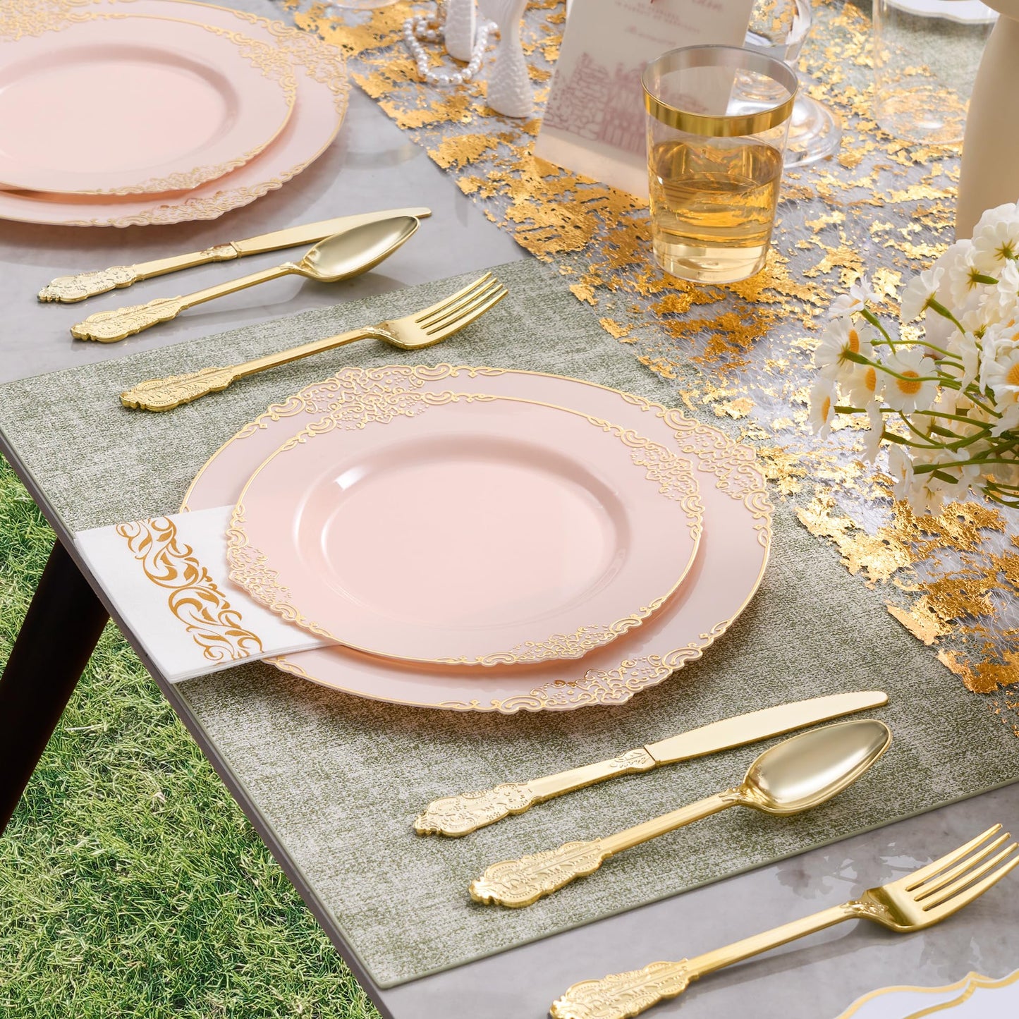 Fijinhom 350pcs Pink Plastic Plates, Elegant Disposable Dinnerware Set, 125 Pieces, White and Gold, Plates, Cups, Cutlery and Napkins (Pink, 50 Guests)