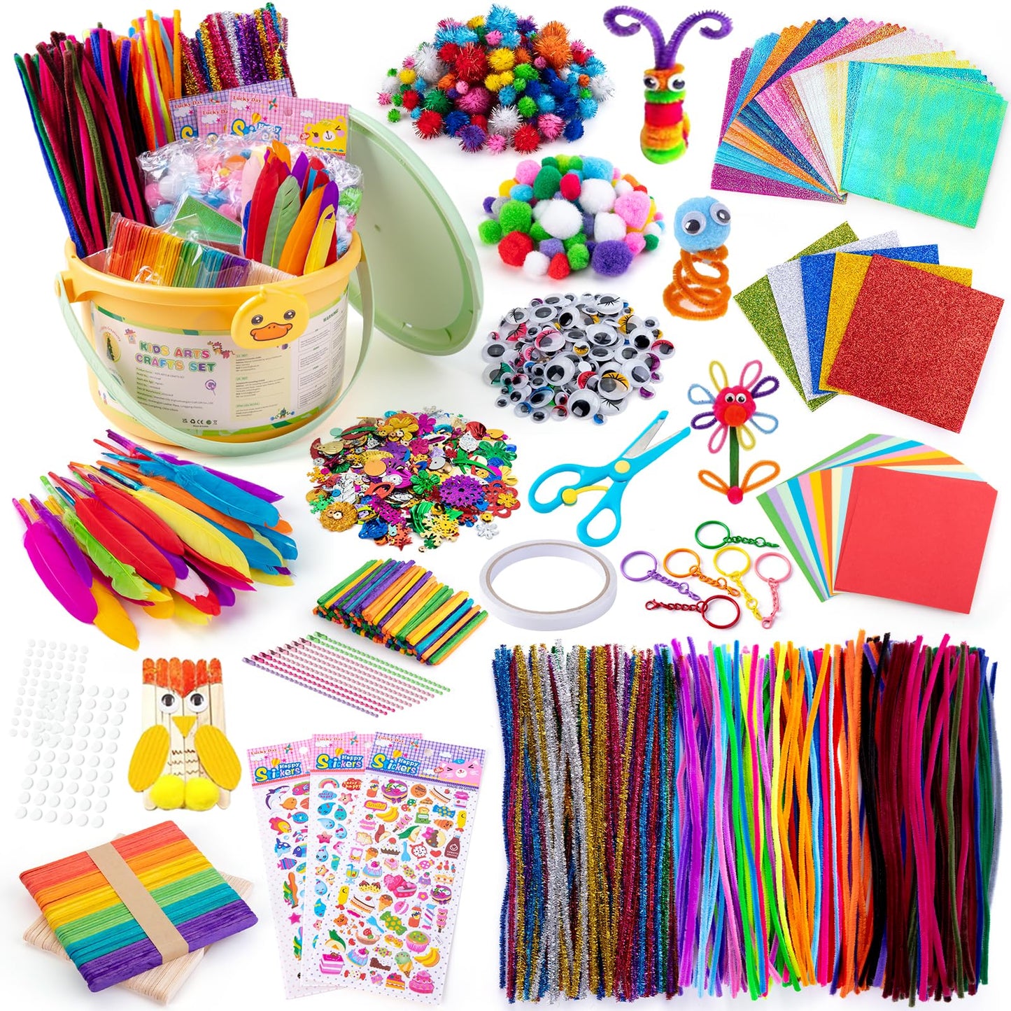 Sundaymot Kids Arts and Crafts Set with Pipe Cleaners, Pom Poms, Googly Eyes, Feathers, Craft Sticks, Glitter Paper, and Stickers