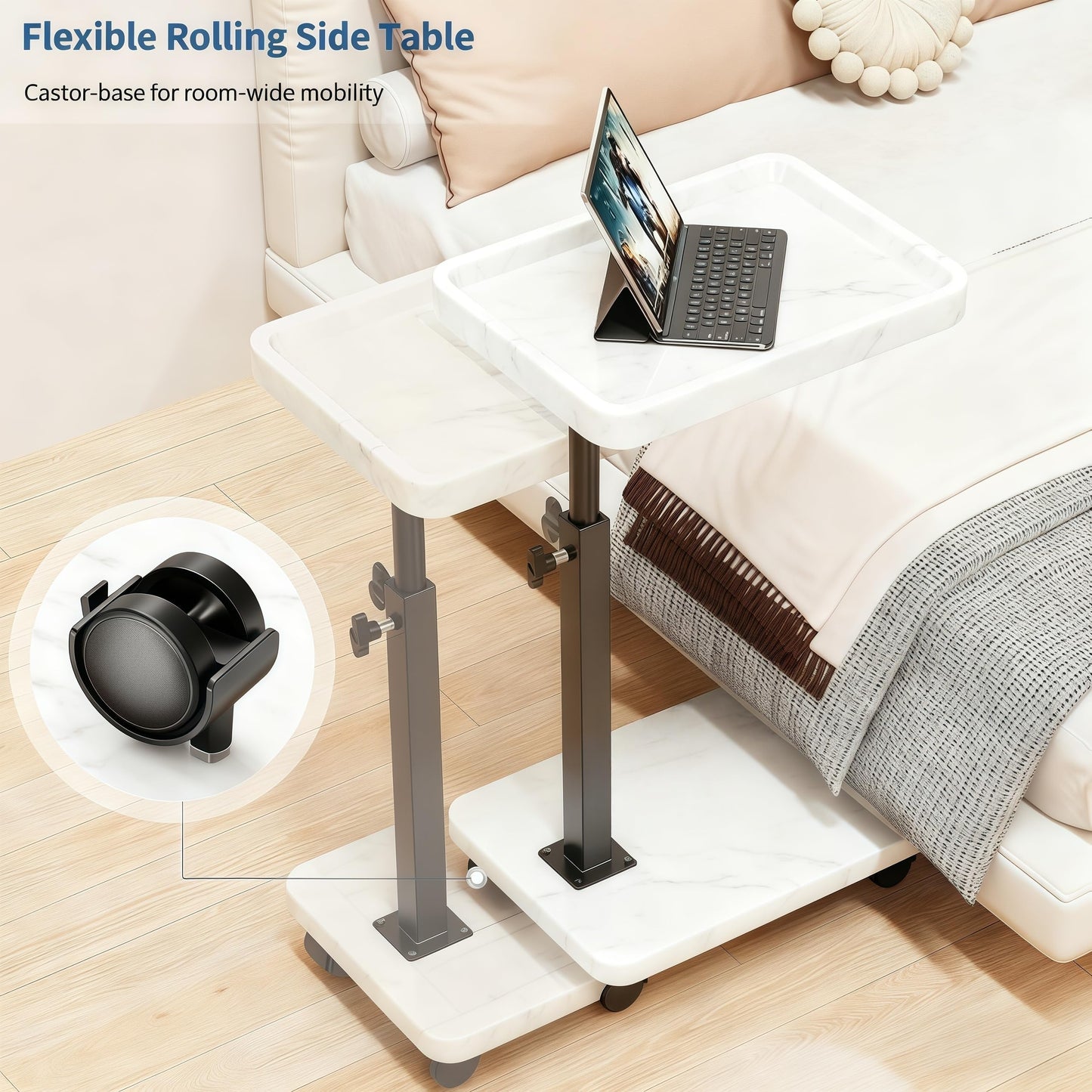 SJIE C Table End Table Adjustable Height, 360°Swivel TV Tray Table for Small Spaces, Side Tables with Wheels for Living Room and Bedroom, Bed (White)
