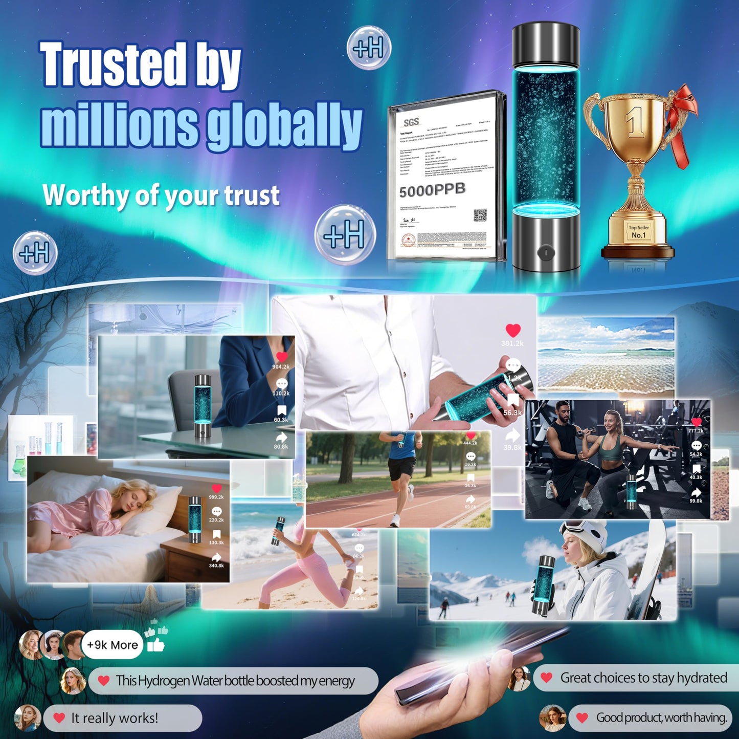 2026 New Hydrogen Water Bottle-Hydrogen Concentration up to 5000 PPB【SGS-Certified Hydrogen Generator】2026 SPE/PEM Technology Odorless Double Hydrogen Content for Sports/Home/Office/Travel HC2