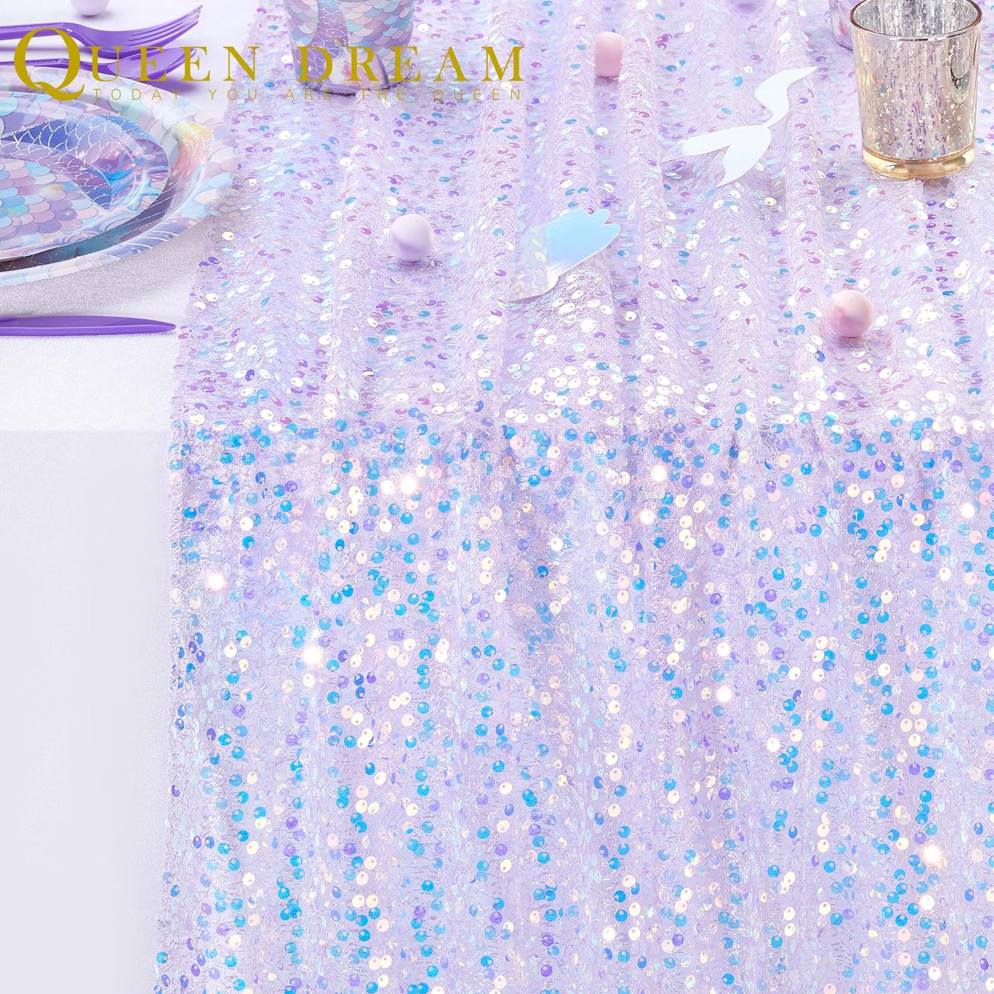 3 Packs Mermaid Party Table Runner 25x120 Inches Purple Table Runner Glitter Sequin Fabric Mermaid Birthday Decorations
