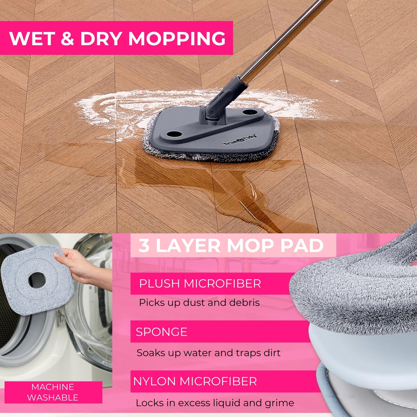 True & Tidy True Clean Spin Mop & Bucket System – Dual Compartment Design for Clean & Dirty Water, 360° Swivel Mop Head, Built-in Scrubbing Brush, Stainless Steel Handle & 2 Reusable Microfiber Pads