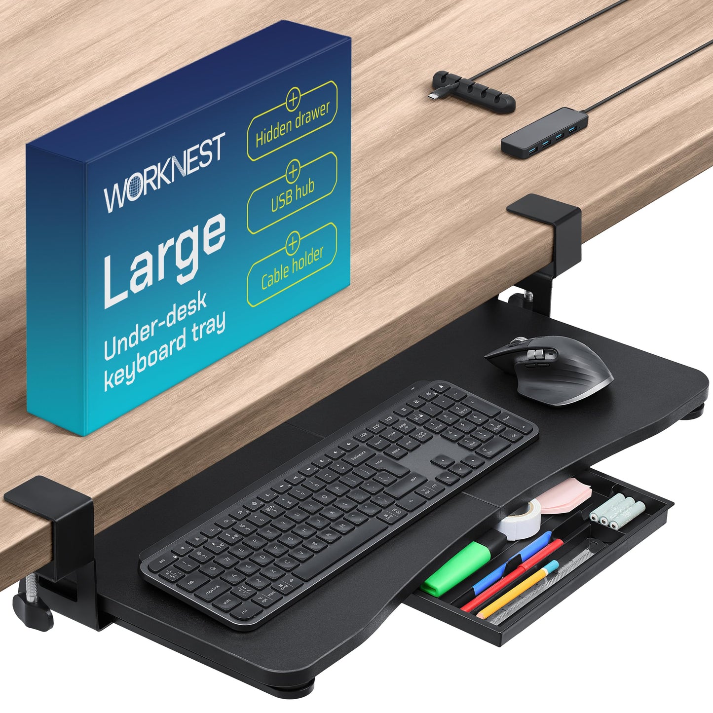 WORKNEST Keyboard Tray | Under Desk Keyboard Tray Slide Out w/Adjustable C-Clamps for Desks Up to 1.5-Inch-Thick | Clamp On Drawer with 1x USB-C to 4 USB-A Hub and 1x Five-Cable Management Organizer
