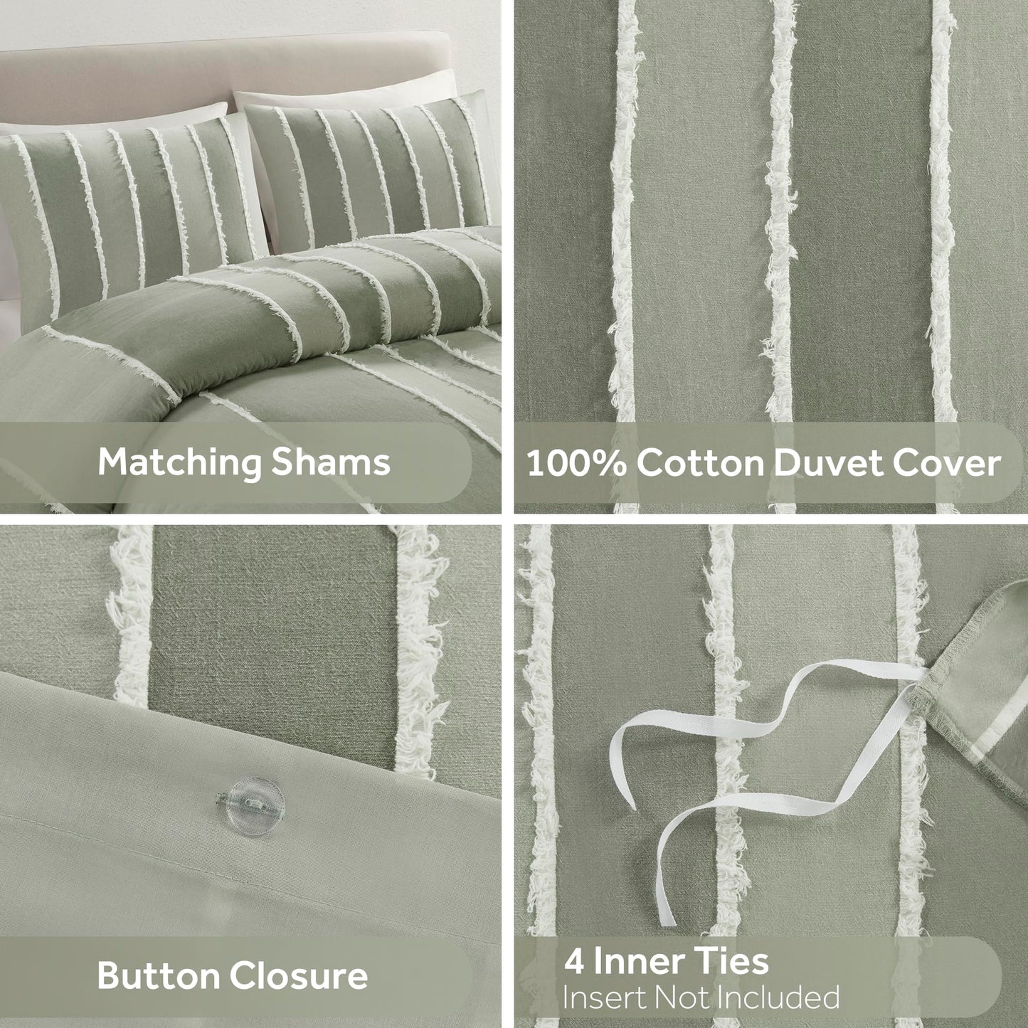 INK+IVY King Duvet Cover Set Boho Duvet Covers Stripes, Clipped Jacquard, Cotton Duvet Cover for King Size Bed, All Season Lightweight King Bedding Cover & Shams, Shay, King/Cal King, Sage 3 Piece