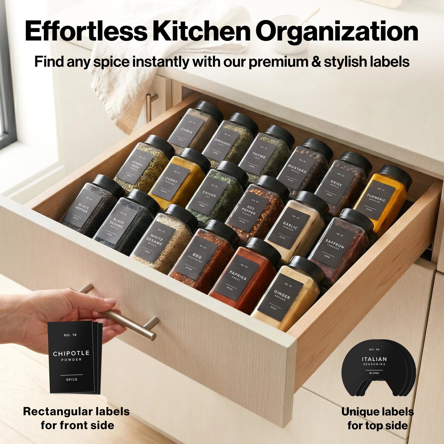 EDELHAUS Glass Spice Jars with Labels & Black Rotating Lids – 12 Large Square Airtight Containers 6.7 oz / 200ml with Shaker Inserts, Funnel & 160 Waterproof Labels for Kitchen Pantry Organization