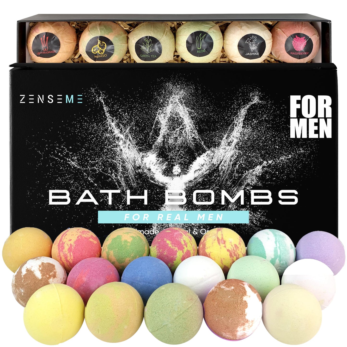 Bath Bombs for Men, Gift Set of 18 Scented Organic Handmade Bath Bombs of 2.5 oz with Natural Essential Oils. Perfect for Boyfriend, Husband, Father or Friend, by ZenseMe
