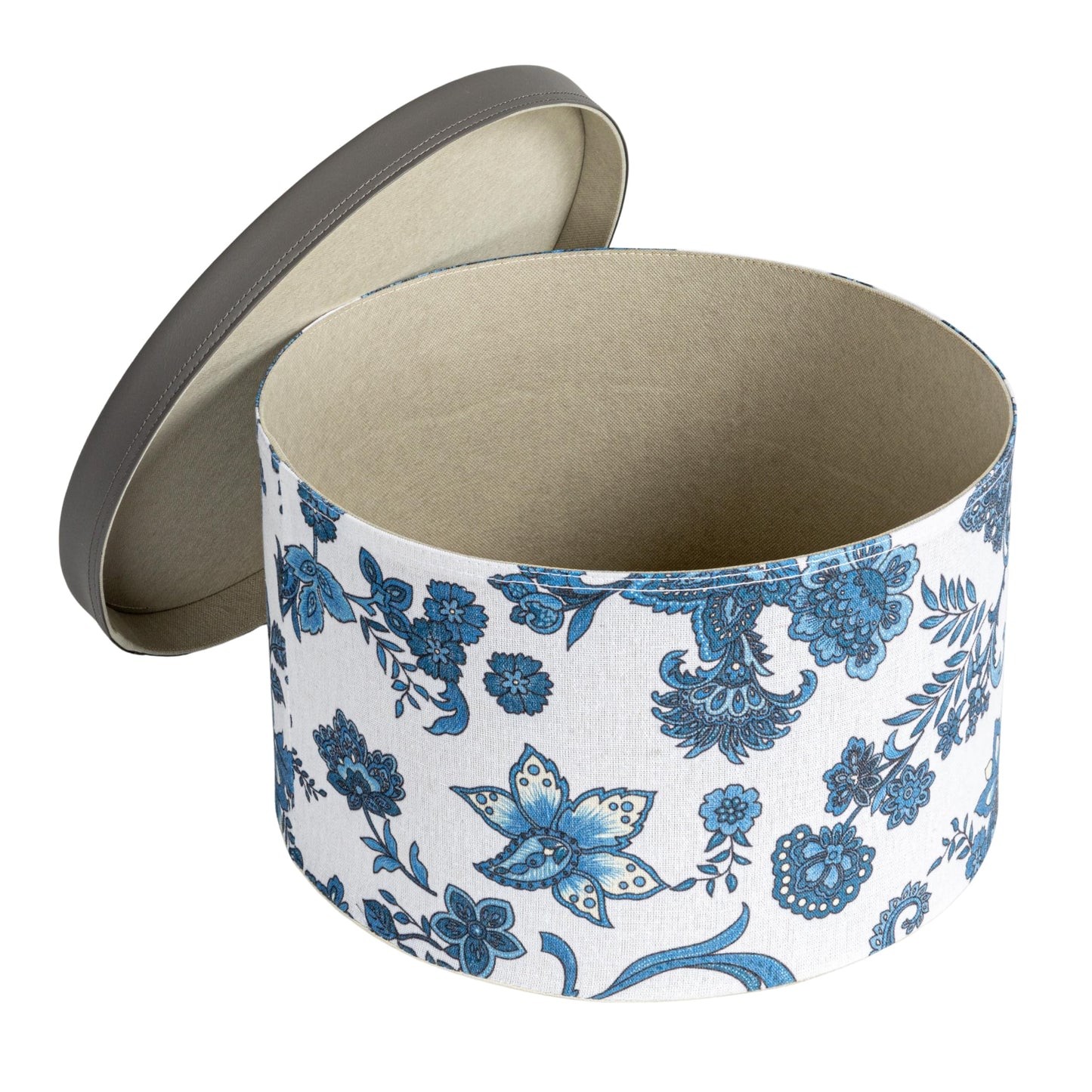 Household Essentials Floral Nestable Hat Boxes with Faux Leather Lids, Cream and Blue, Set of 3