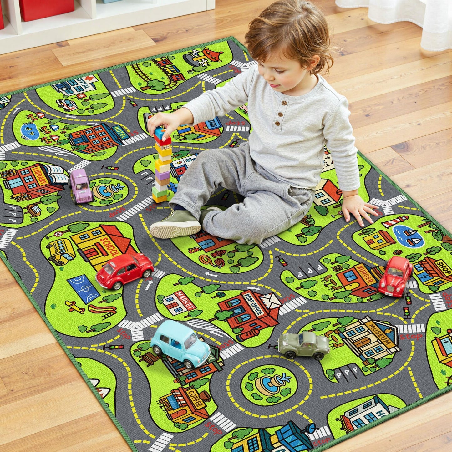 Upgrade Ultra Non Slip Kids Car Rug, Kids Road Playmat Rug for Toy Cars, Educational Town City Map Washable Carpet for Boy Playroom Bedroom, Safer Car Track Play Mat for Children Baby Toddler, 60"x36"