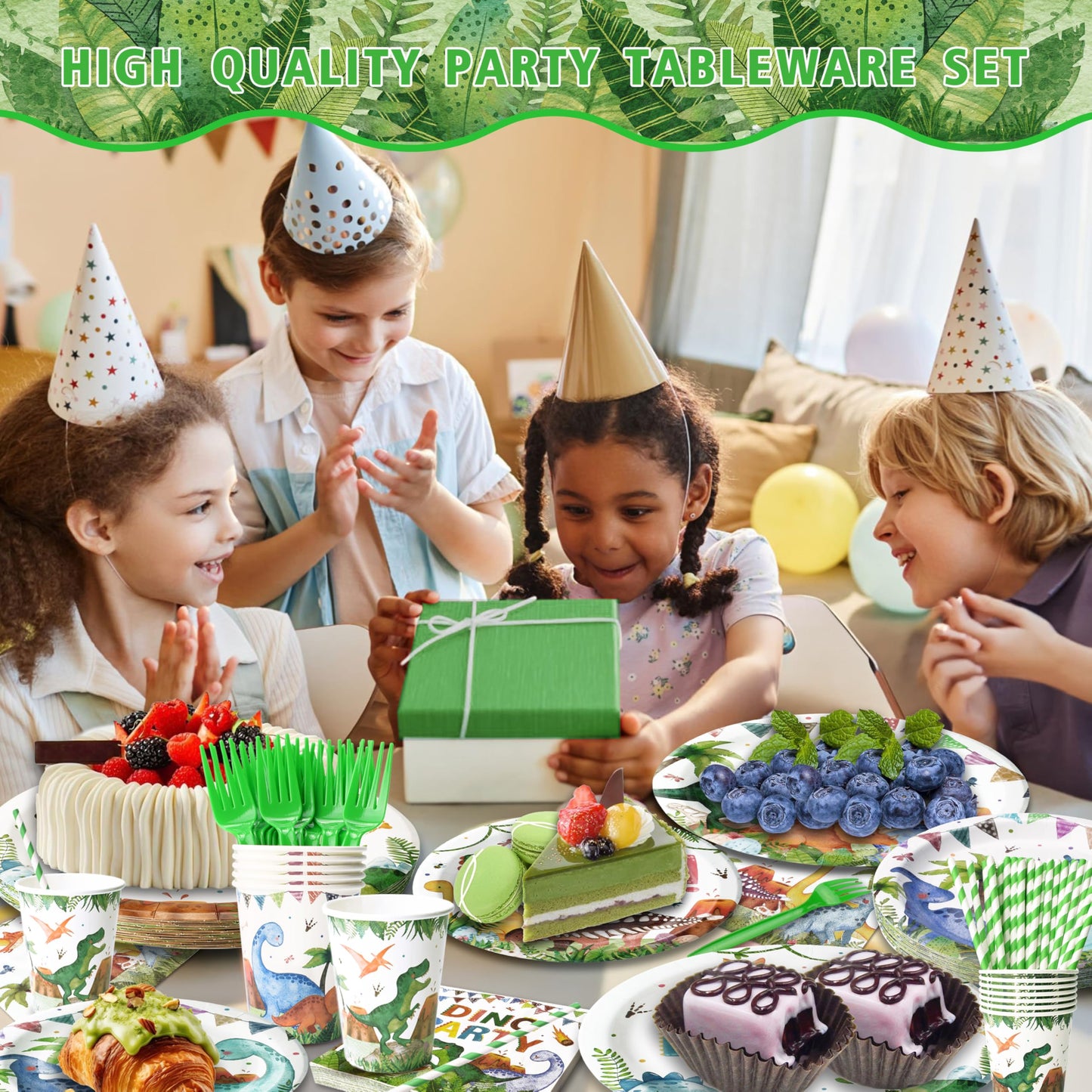 300 Pcs Dinosaur Plates and Napkins (Serves 50 Guests), Dinosaur Birthday Party Supplies Include Forks Cups Straws Tableware Set for Kids Party Decorations