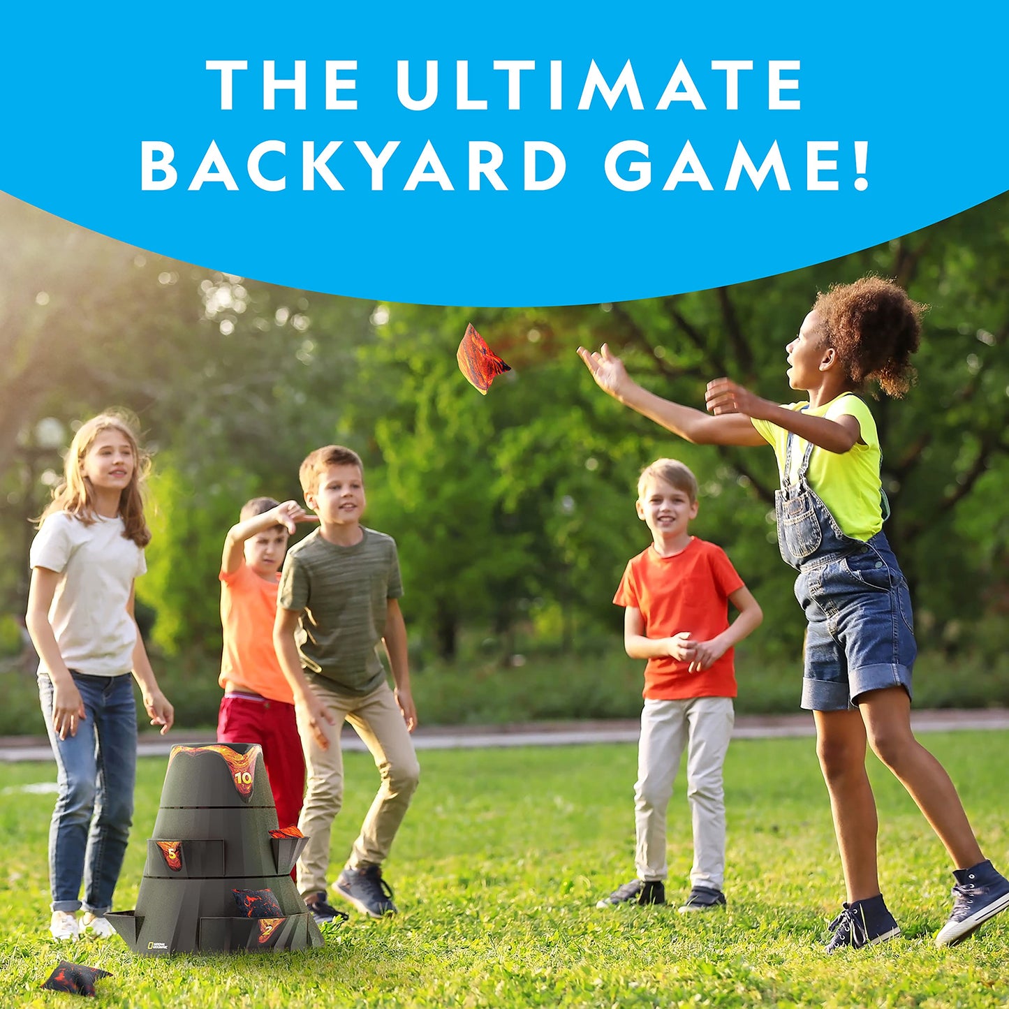 NATIONAL GEOGRAPHIC Volcano Bean Bag Toss Game for Kids - Kids Cornhole with 5 Backyard Games, Bean Bags, Volcano Tower & Decals, Yard Games for Kids, Outdoor Kids Games, Backyard Toys
