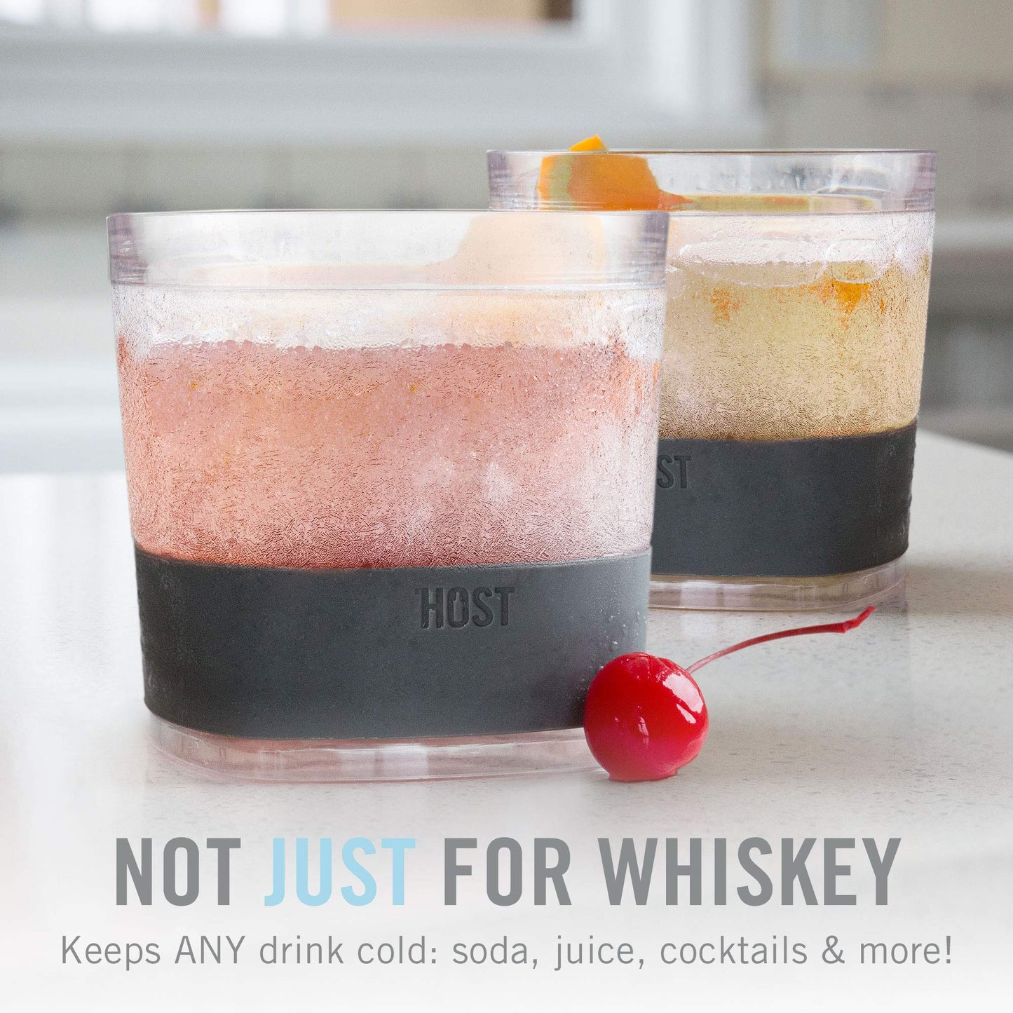 Host Whiskey Freeze Glasses, Double Old Fashioned Glasses with Oak Wood Design Silicone Band, Chill Without Dilution for Bourbon, Vodka, Rum, Bourbon Gifts for Men, Gifts for Him, 9 oz, Set of 2