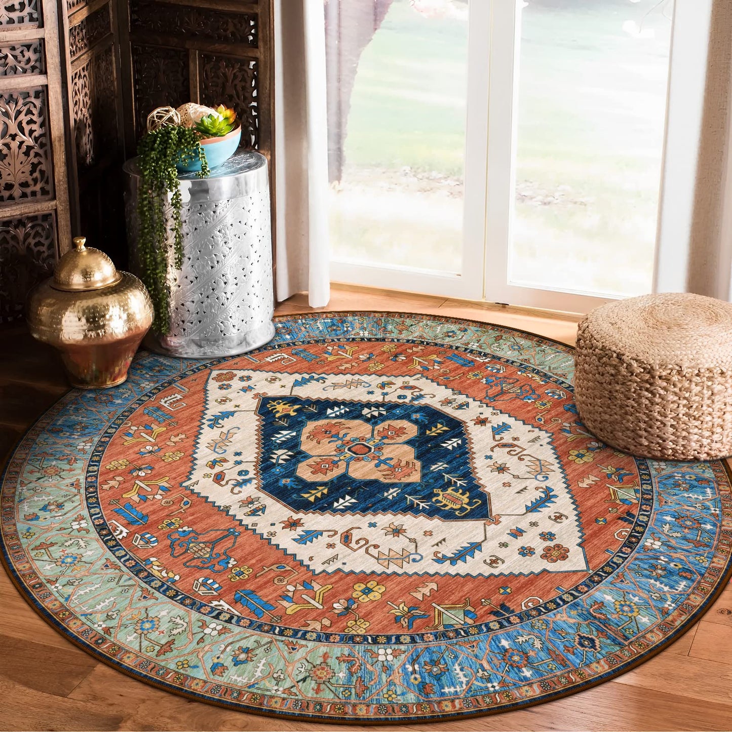 Lahome Ultra-Thin Round Rugs - 6ft Washable Round Area Rugs for Living Room Non-Slip Throw Circle Rugs for Bedroom Dining Room Rug, Non-Shedding Office Rug Oriental Round Carpet for Bedroom Kitchen