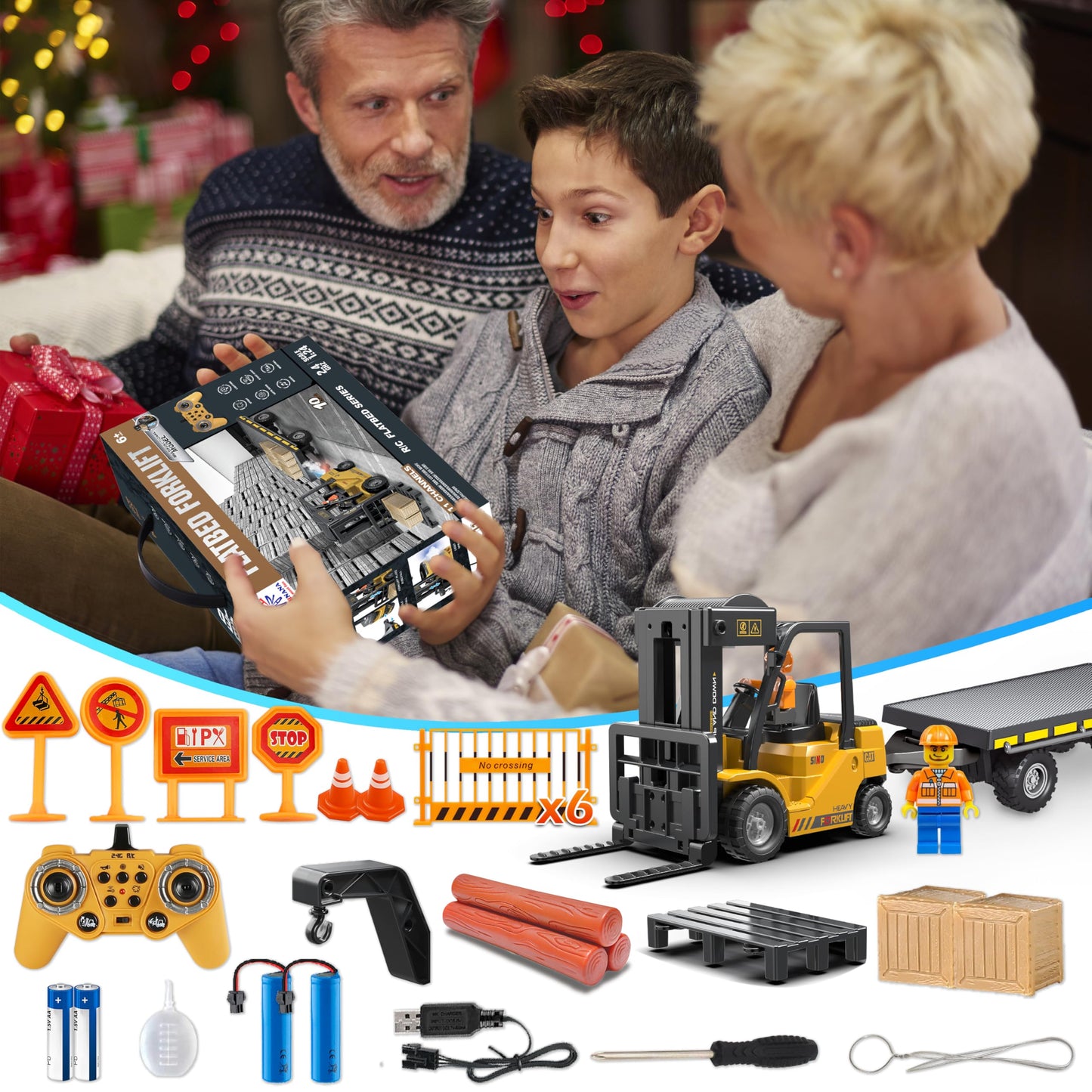 VWAHNANA RC Forklift Toy with Trailer, Kids Forklift Construction Toys Set with Flatbed Truck & Crane Toy Hook, 2 Battery/Spray/Light, Remote Control forklift Toys for 6 7 8 9 10-12 Year Old Boys Gift